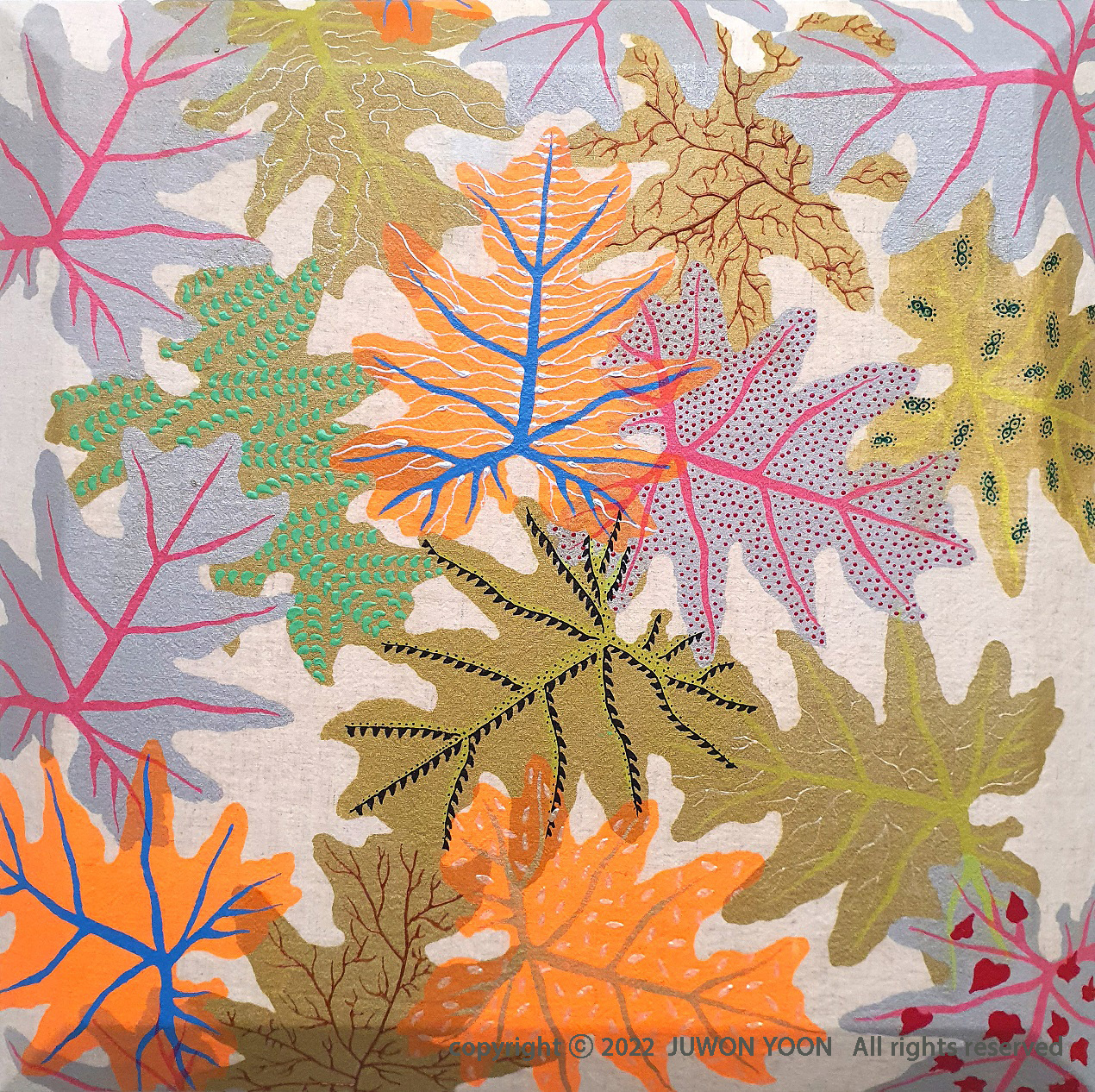 FOLIAGE LINEN 45.5x45.5cm (10S), silkscreen and acrylic on linen, 2022
