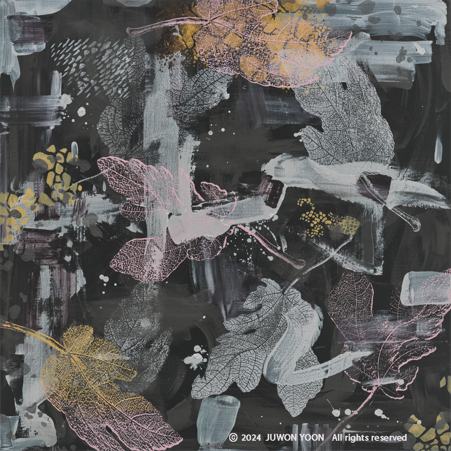 THE SWAYING FIG LEAVES 01 73x73cm, silkscreen and acrylic on canvas, 2024