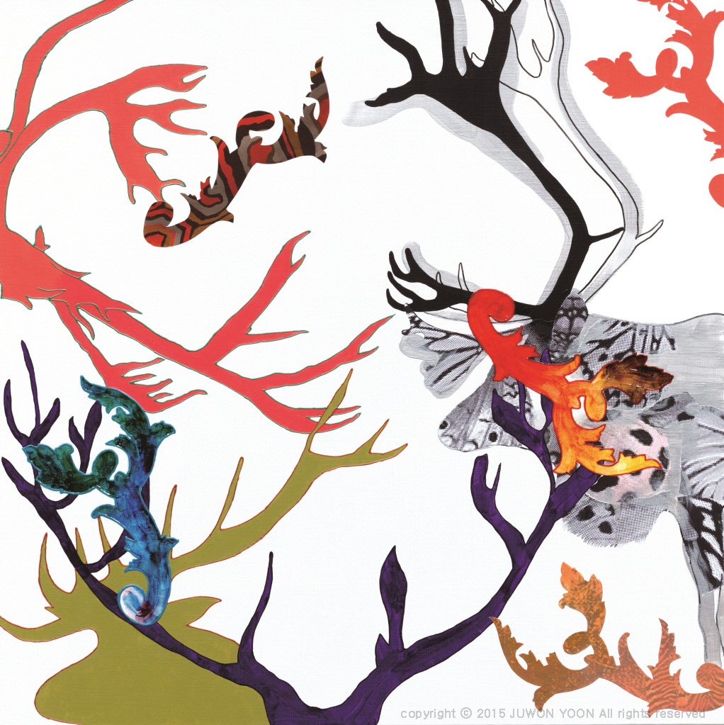 사슴뿔 ANTLERS 72.7x72.7cm acrylic and collage on canvas 2015