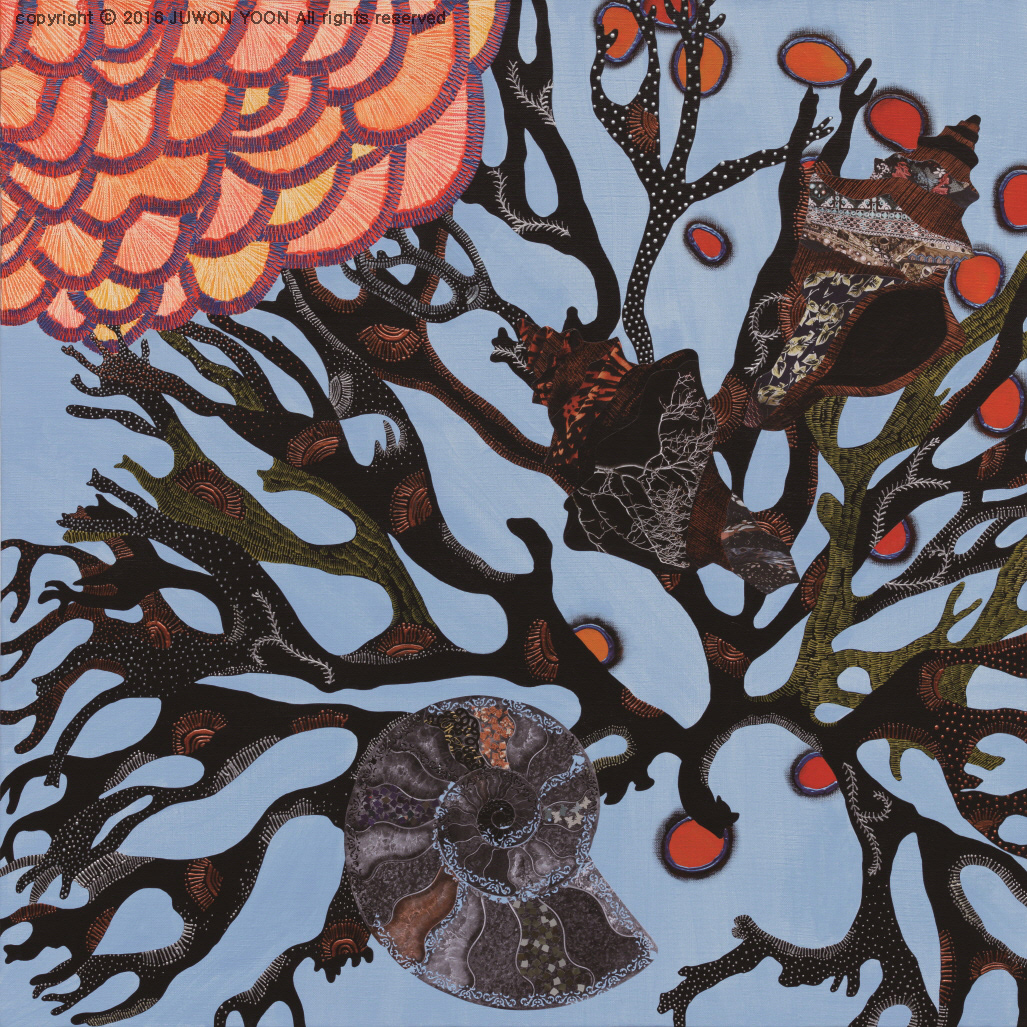 바닷속-산호 UNDER THE SEA - Coralreef 72.7x72.7cm acrylic and collage on canvas 2016