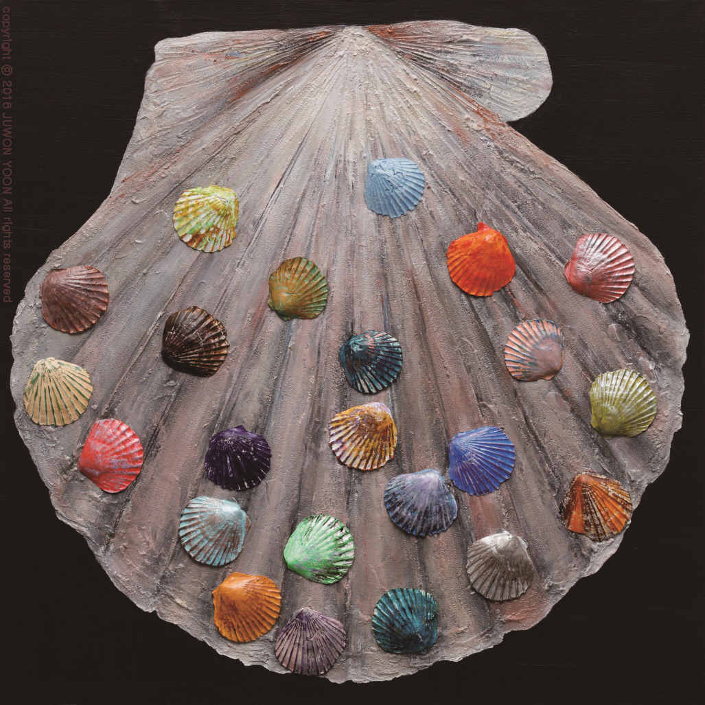 가리비 THE SCALLOPS  72.7x72.7cm acrylic and collage on canvas 2016