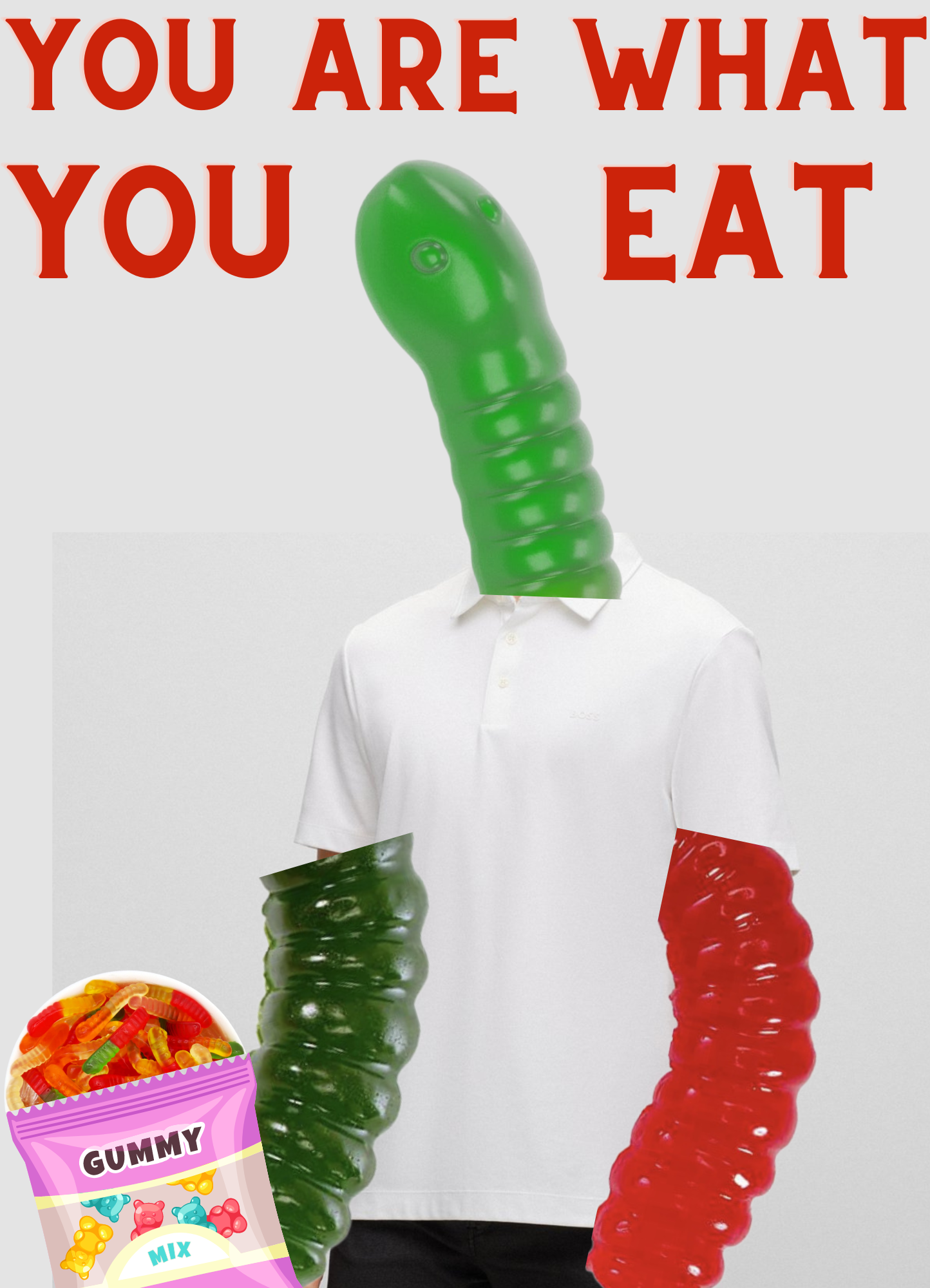 Person eating gummy worms turned into giant gummy worm..