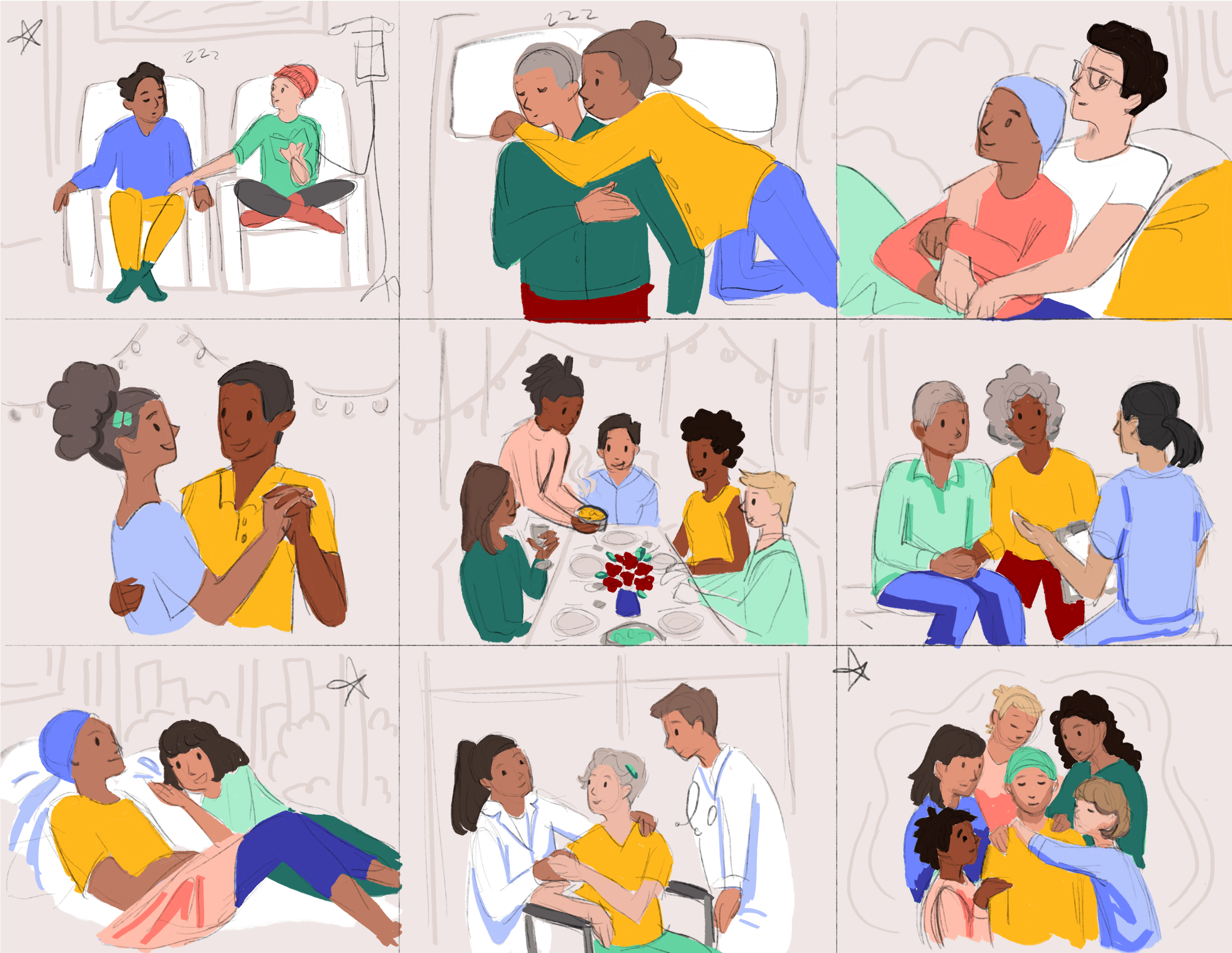 We wanted any illustrations we created for the initial wireframes to be based on reality, so we found photographers who had documented experiences with cancer and referenced their work