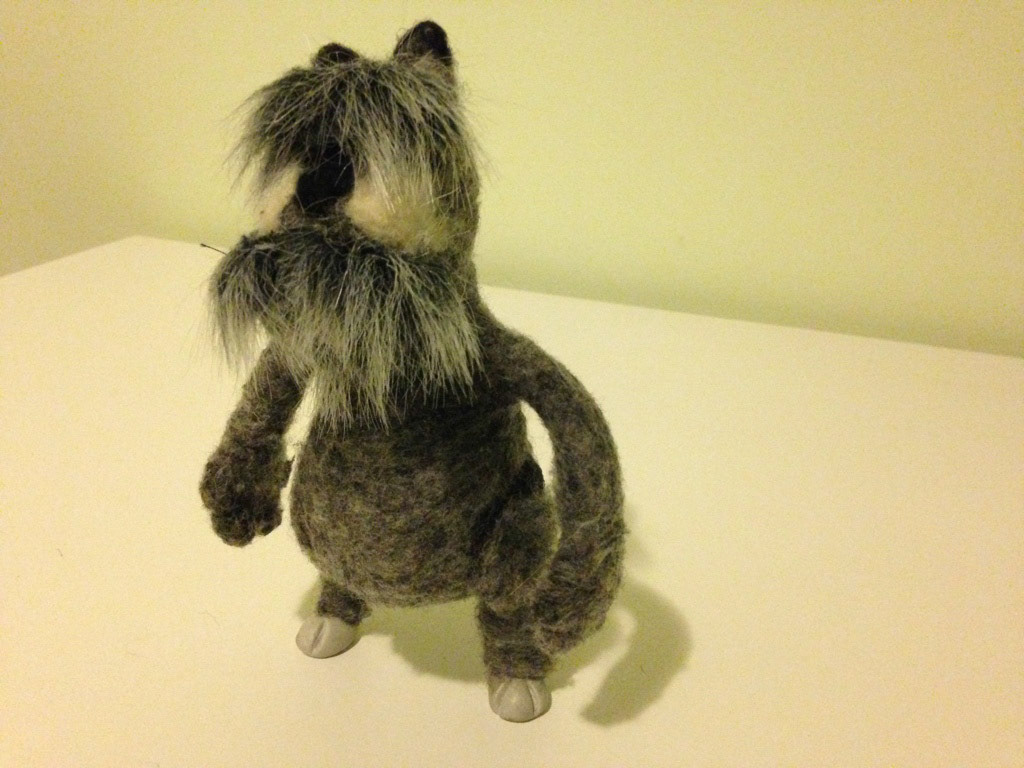 Finished Puppet : Felted wool, faux fur, foam, wire, epoxy, polymer.