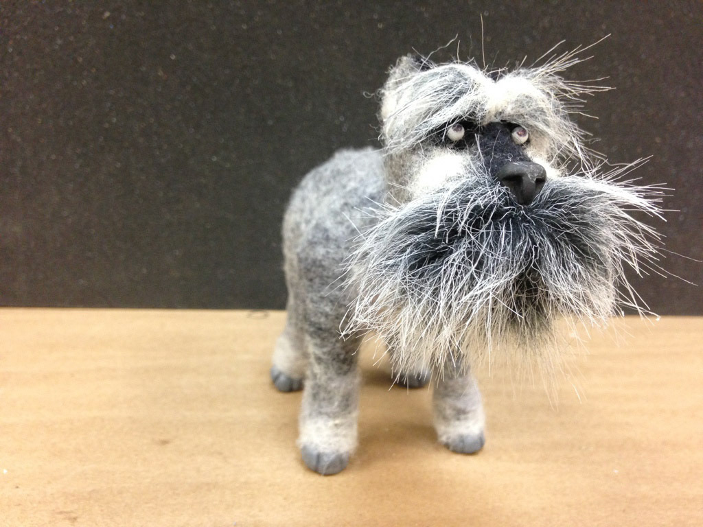 Finished Puppet : Felted wool, faux fur, foam, wire, epoxy, polymer.