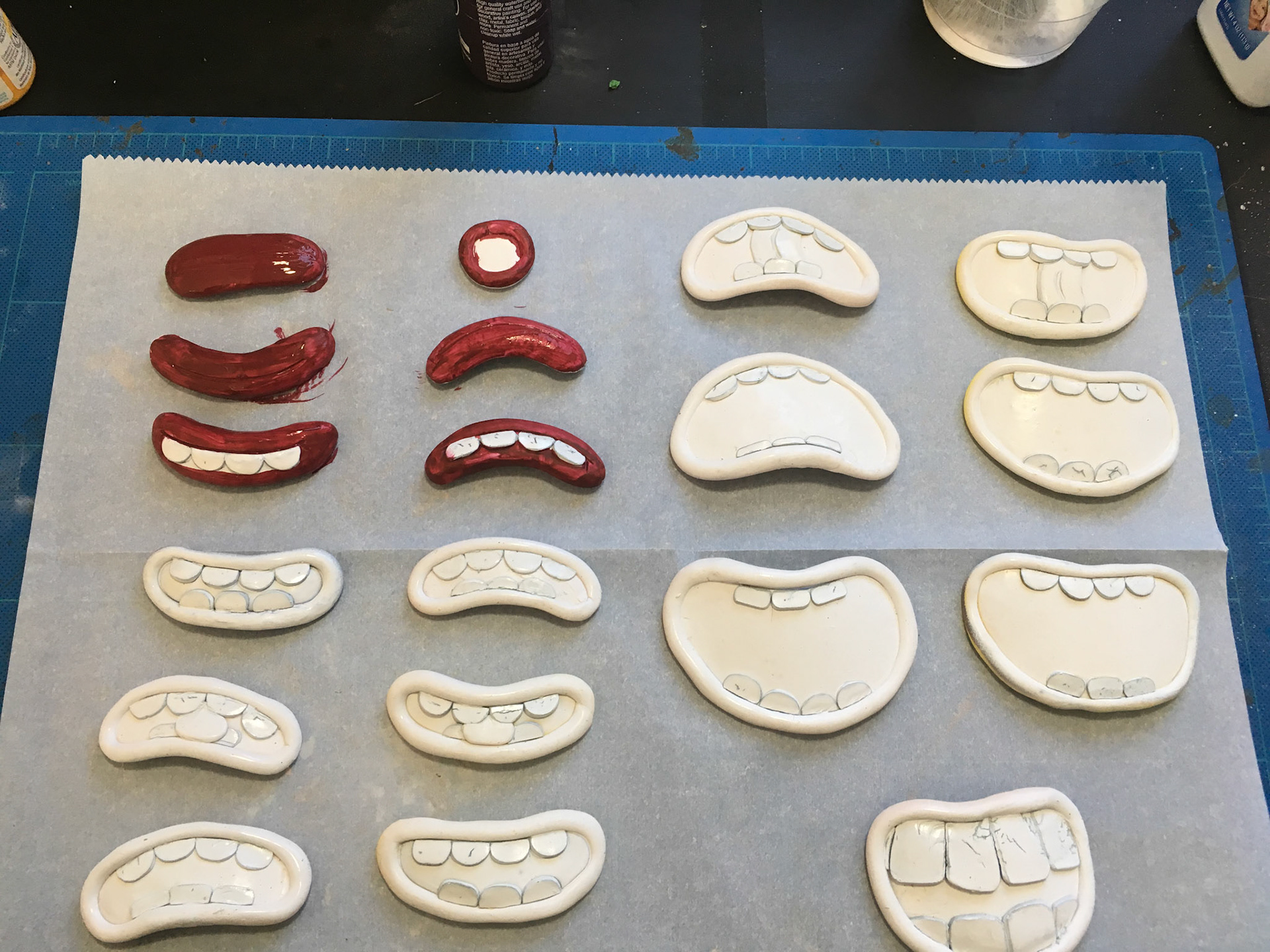 In progress mouth shapes : Polymer clay, acrylic paint base coat, mounted magnets