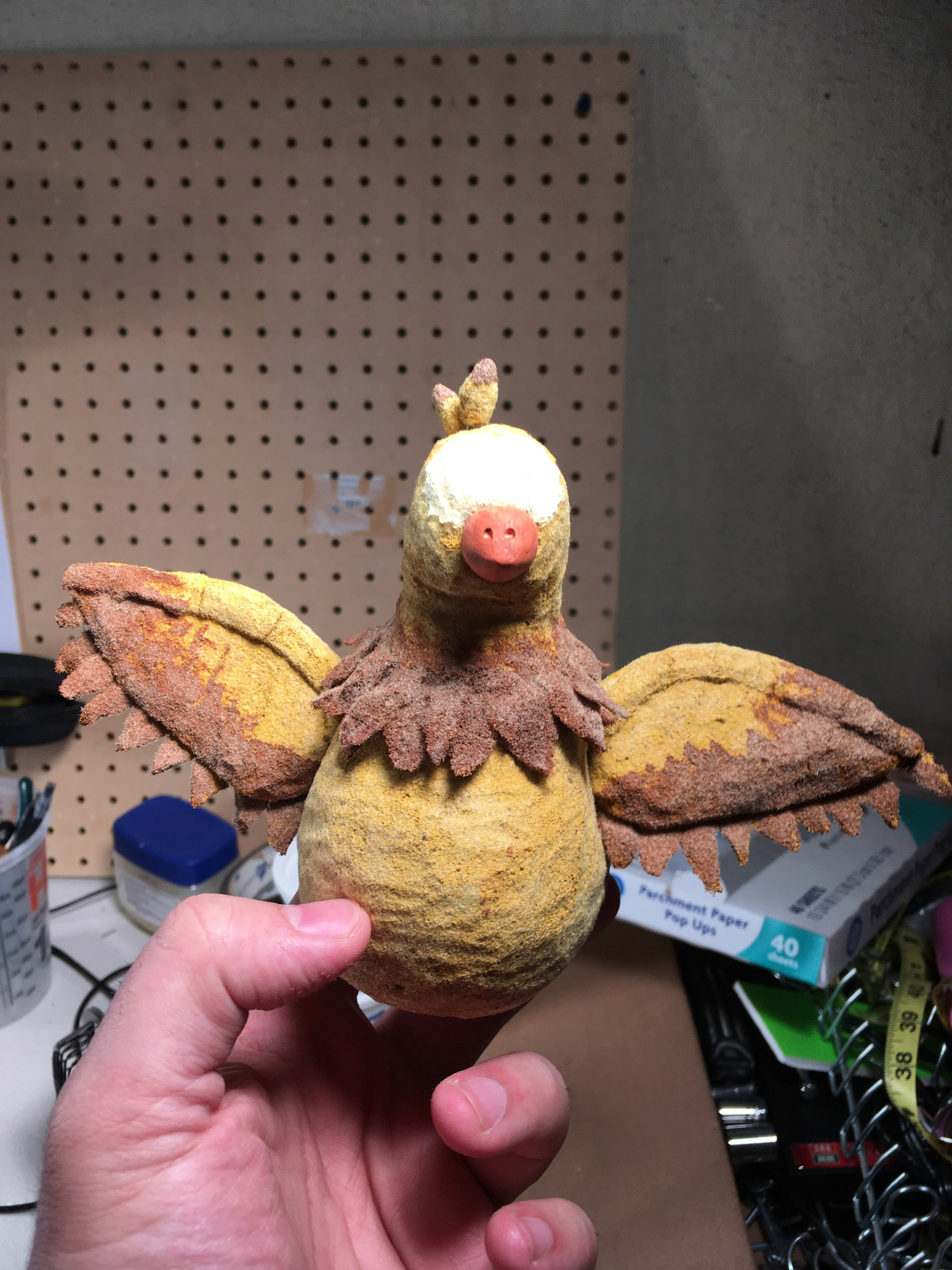 Finished Puppets : Flock, acrylic paint, carved foam, wire, embedded magnets. Beaks : Magic sculpt and magnets