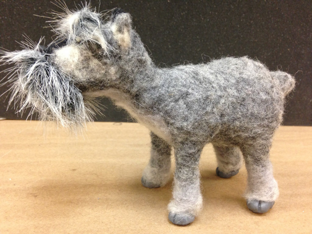 Finished Puppet : Felted wool, faux fur, foam, wire, epoxy, polymer.