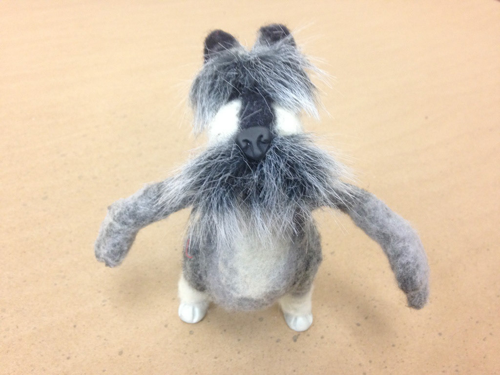 Finished Puppet : Felted wool, faux fur, foam, wire, epoxy, polymer.