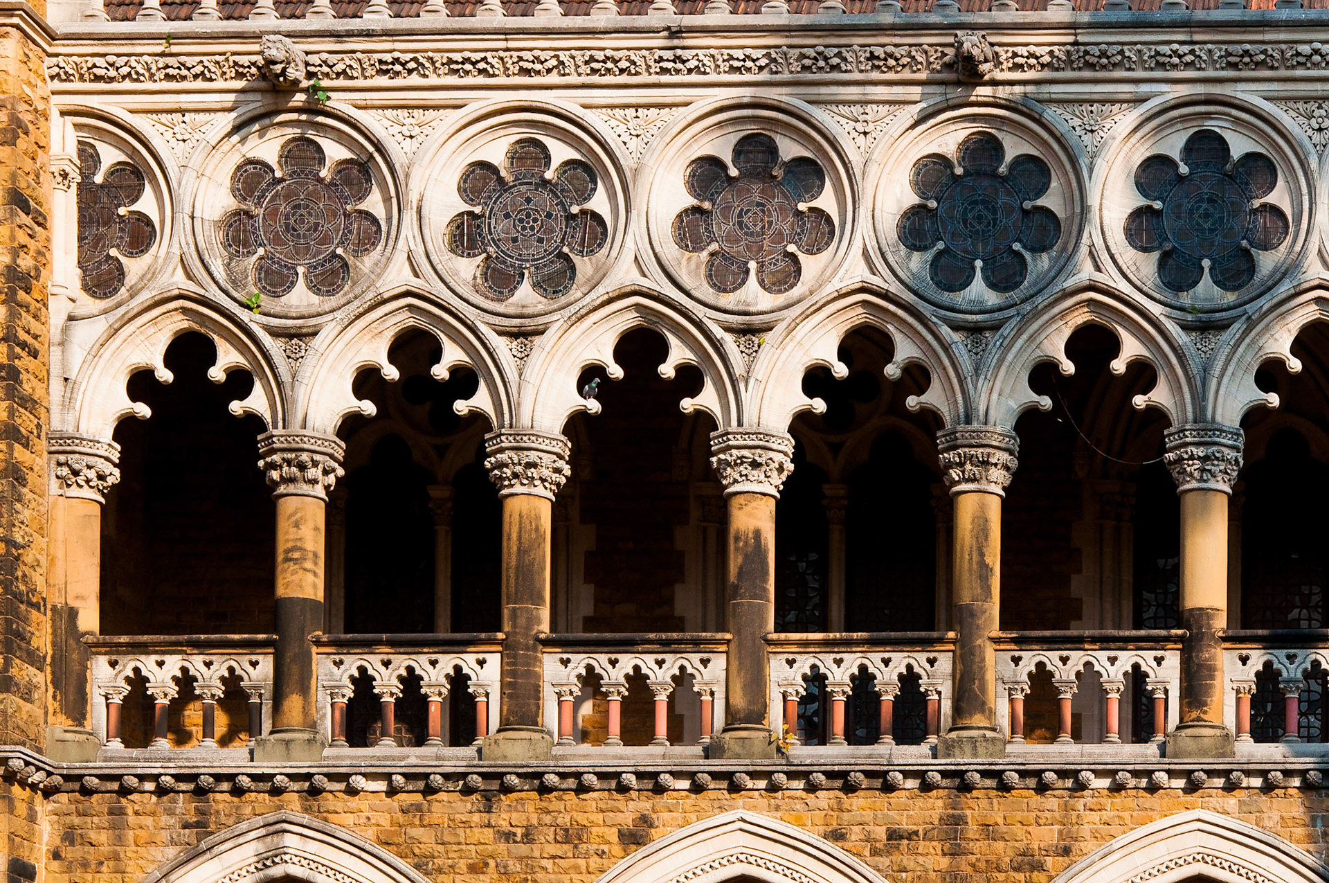 Mumbai University building at Fort campus. Intricate stone carving on the walls.