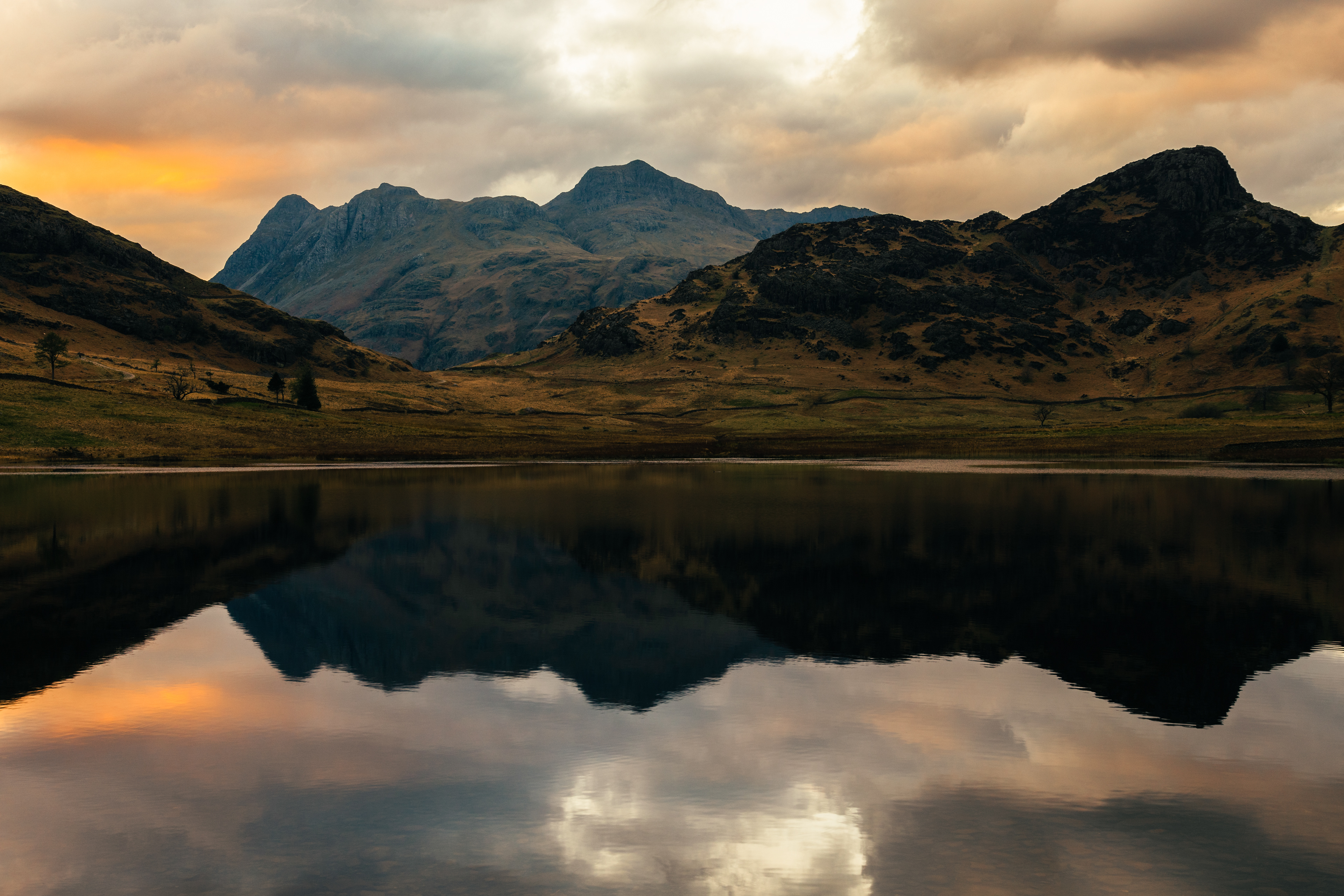 Sunset view of the Langdale Pikes.