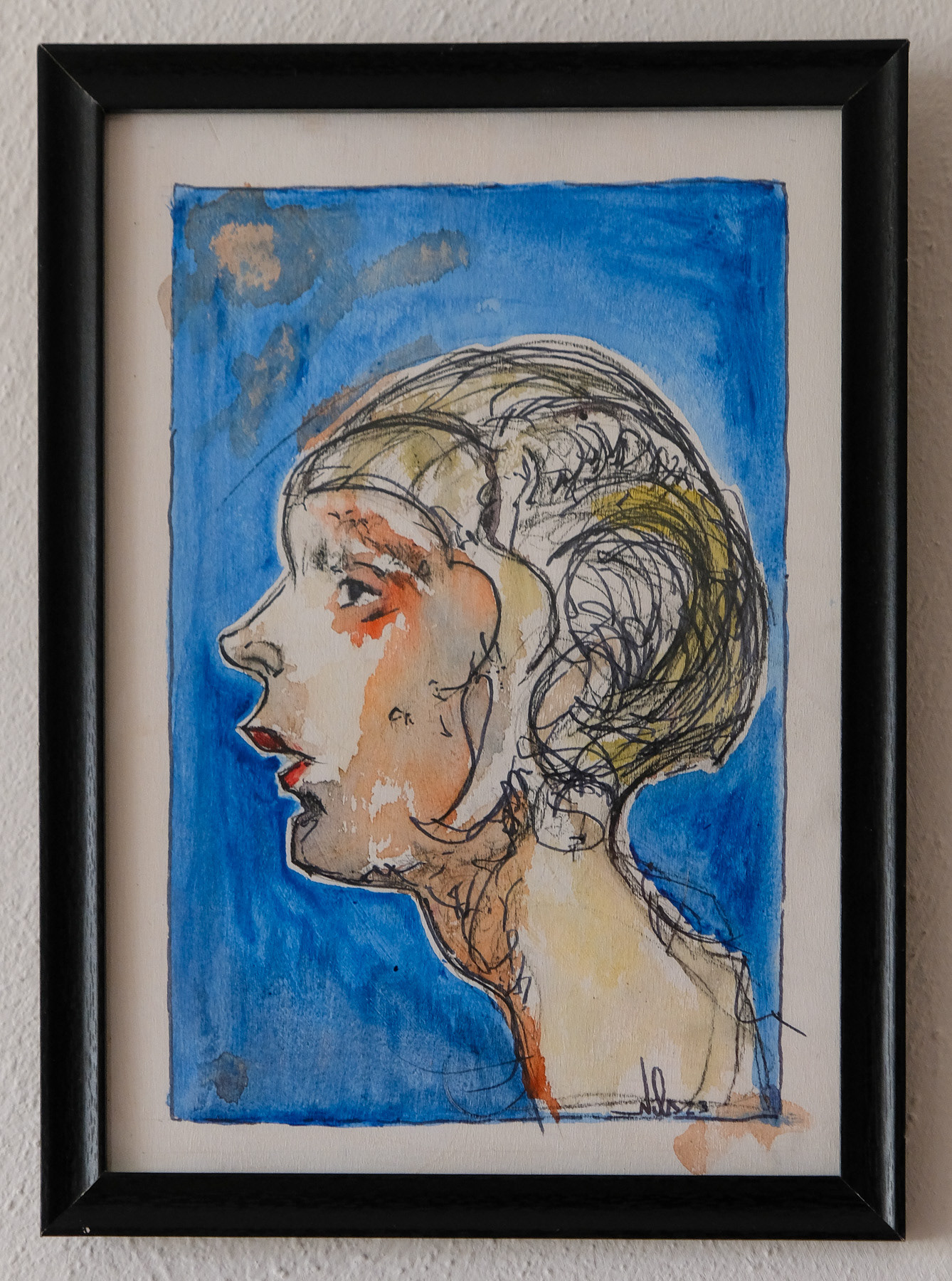 "head", mixed media on wooden panel