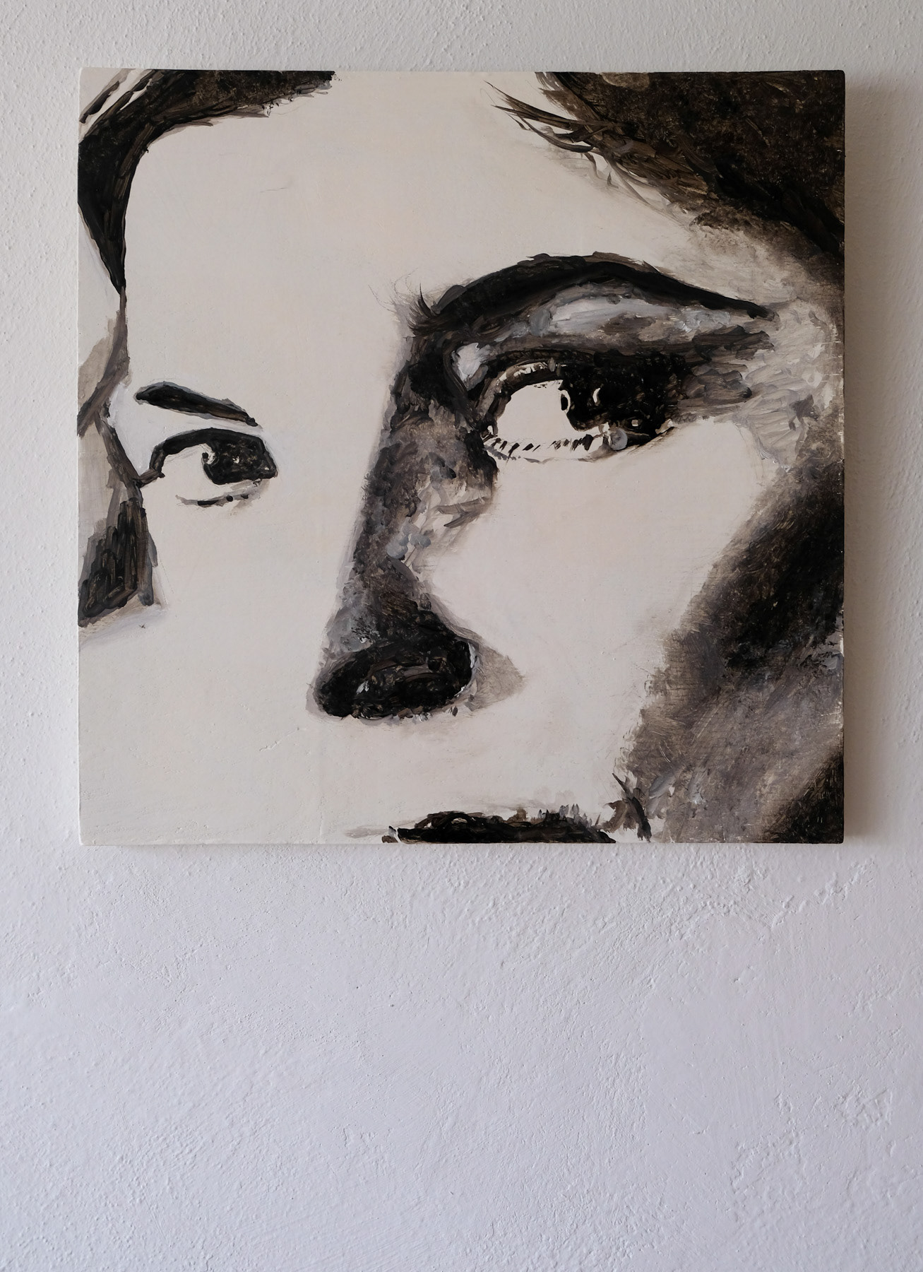 "Portrait bw", oil paint on a varnished wooden panel