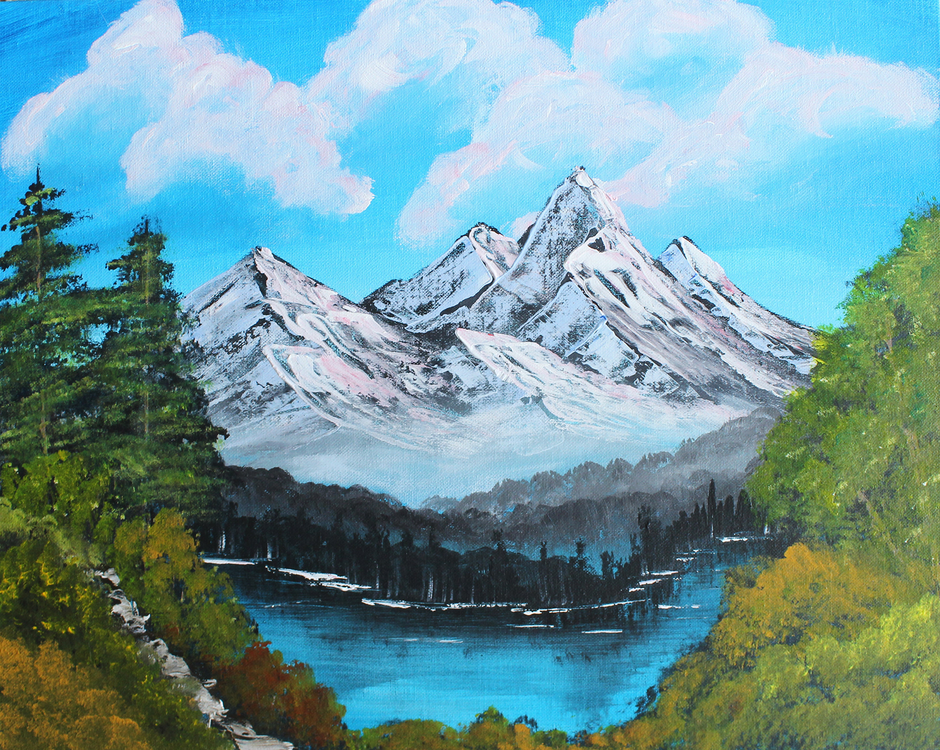 Mountain with Pond (Acrylic on canvas)