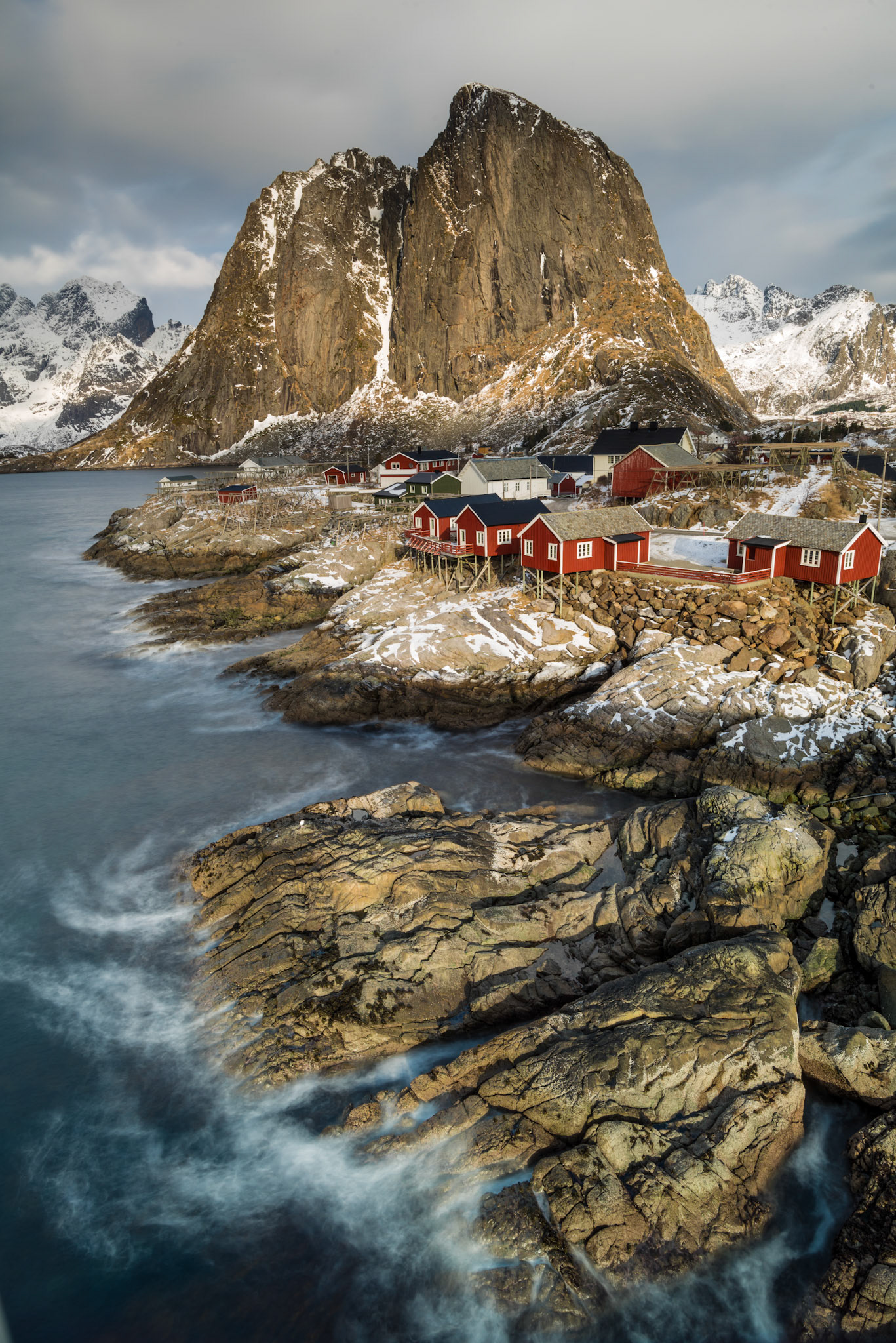 Hamnoy, Lofoten, Norway, view to the shore with red cottages