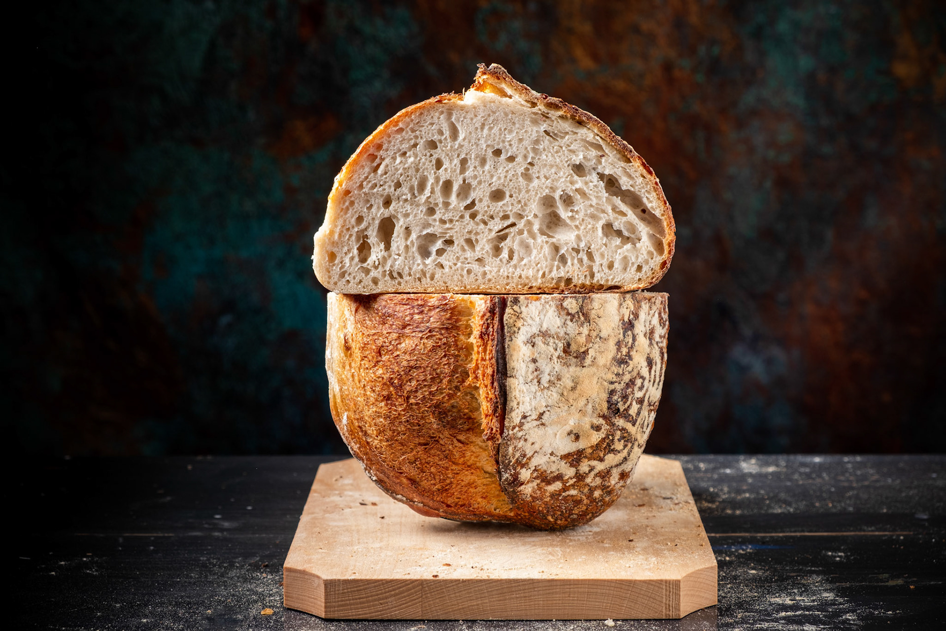 Crumb view of a sourdough bread with ears