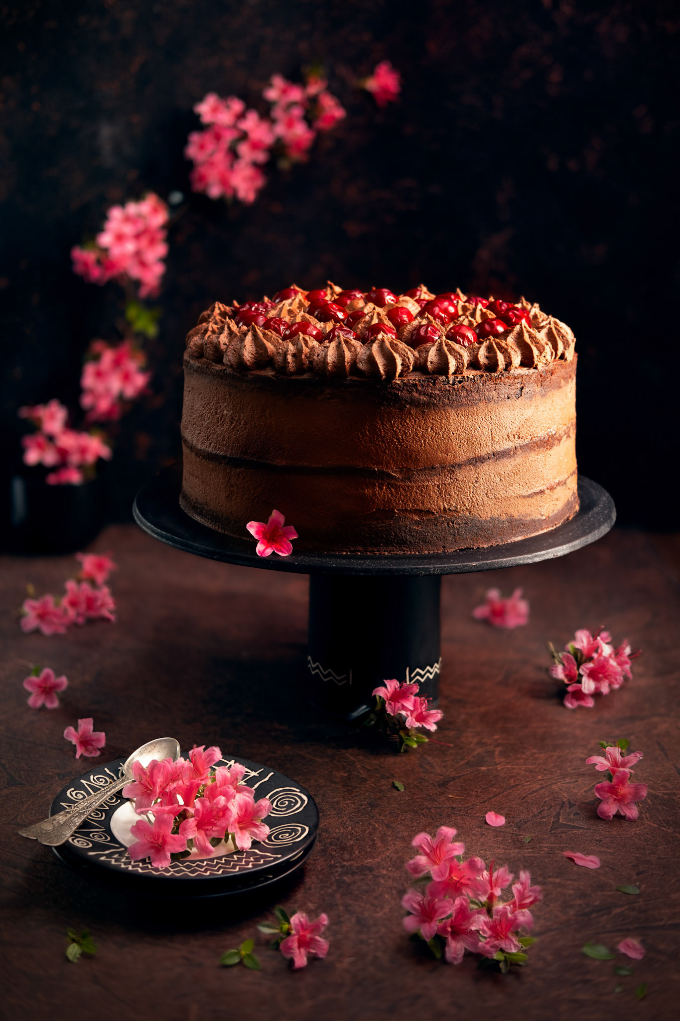 Homemade layered dark chocolate cake with sour cherries