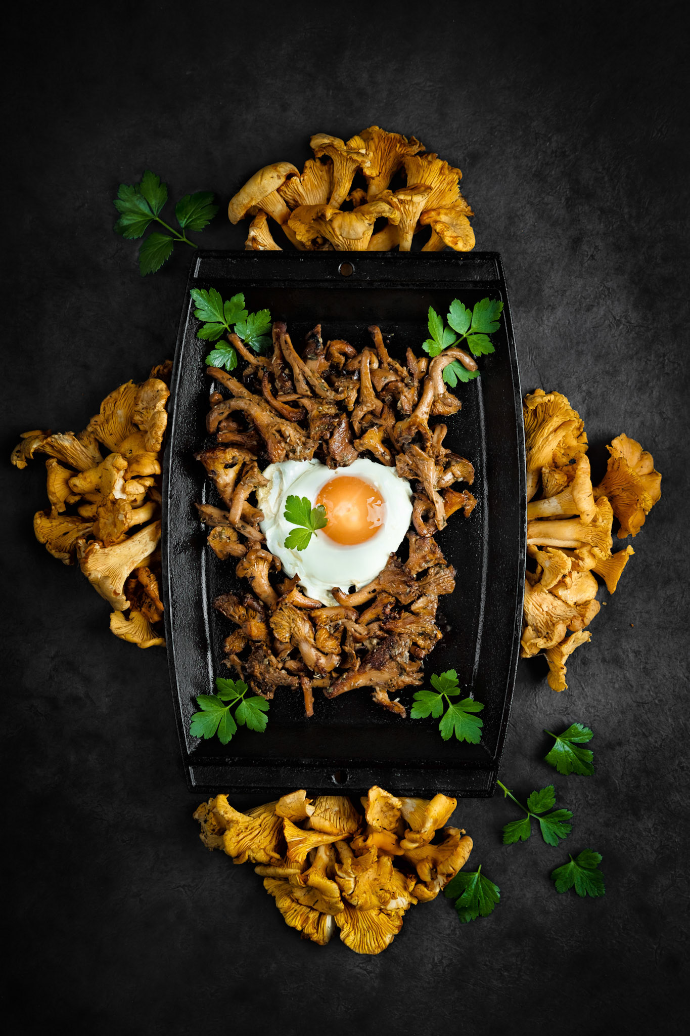 Sautéed Chanterelles served with fried egg on a black cast iron plate
