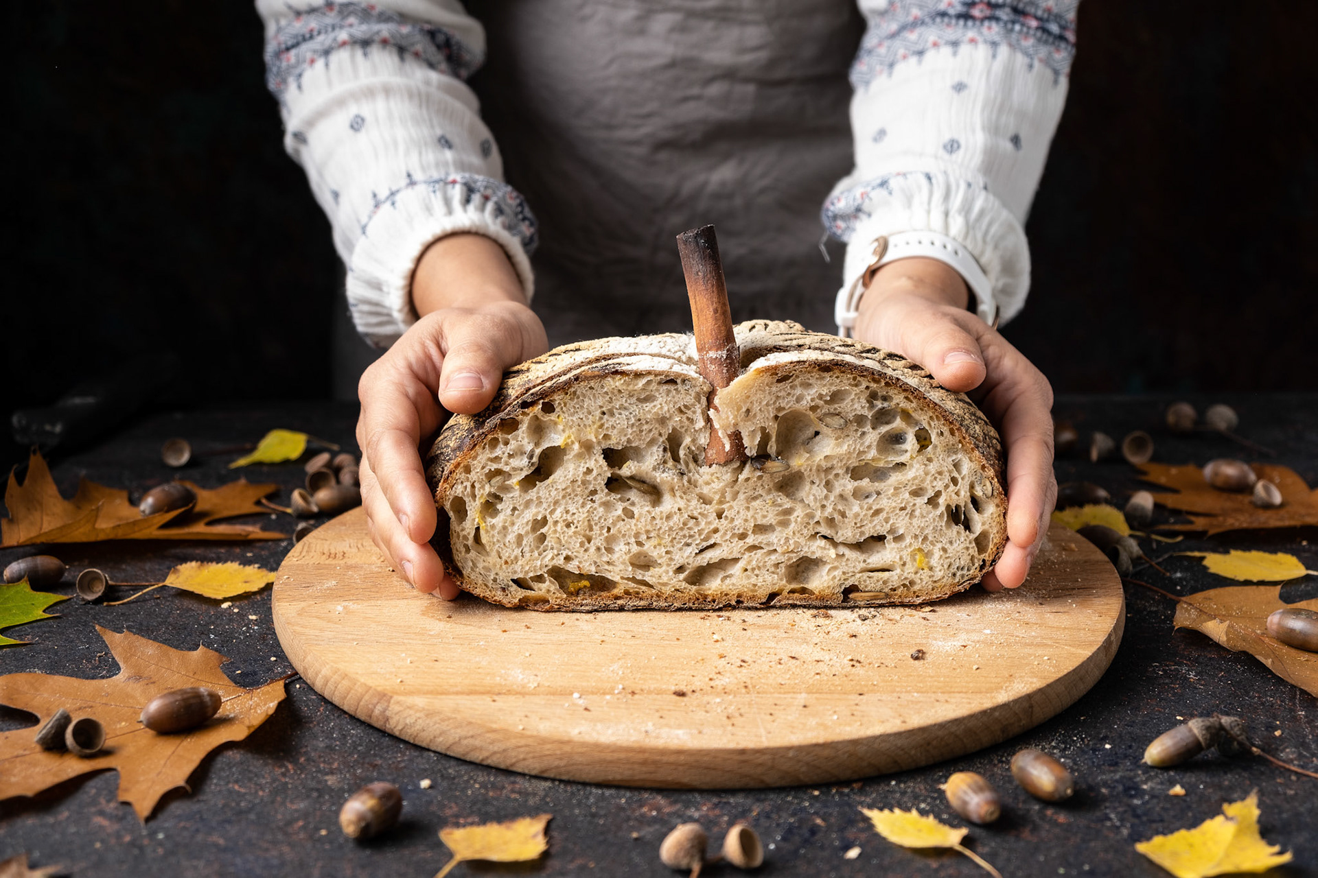 Section of a pumpkin sourdough bread - a speciality bake for fall