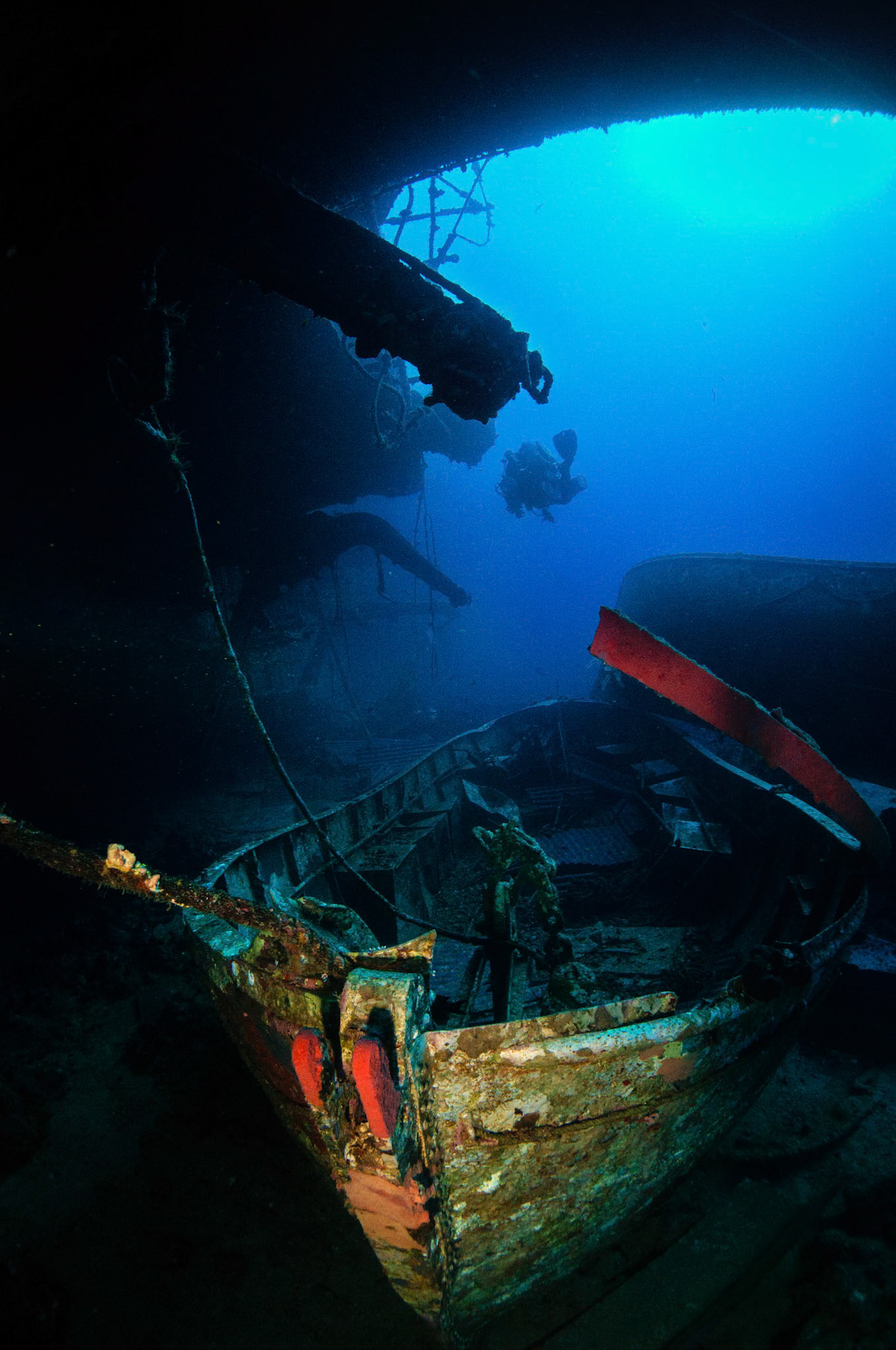 Empty lifeboat under the wreck of the Salem Express ferry