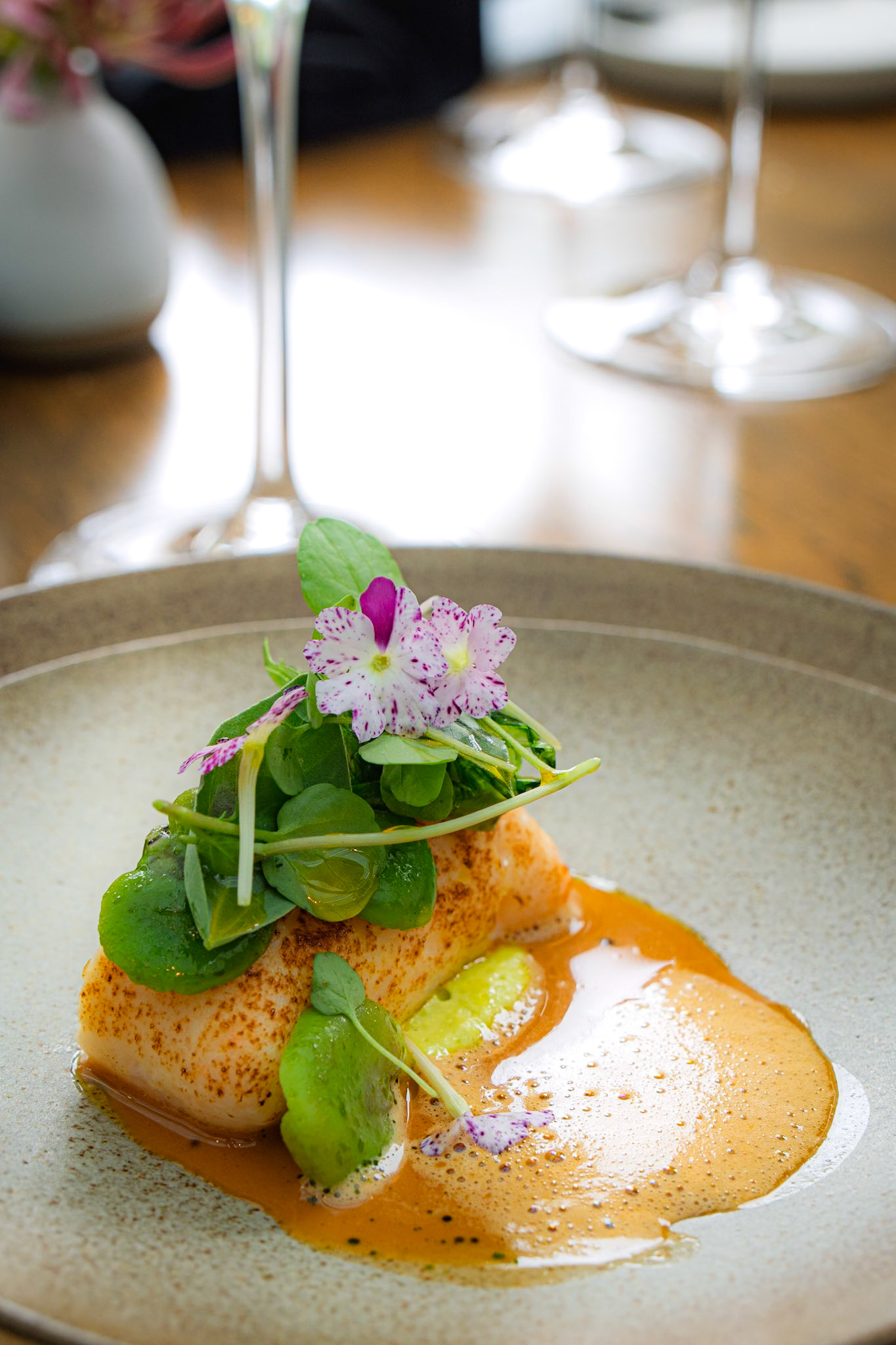 L'Enclume | West coast turbot gently steamed with a mousse of bay shrimps, Karmazyn broad bean variations, beck watercress, pickled sea lettuce and a shrimp cream infused with verbena.