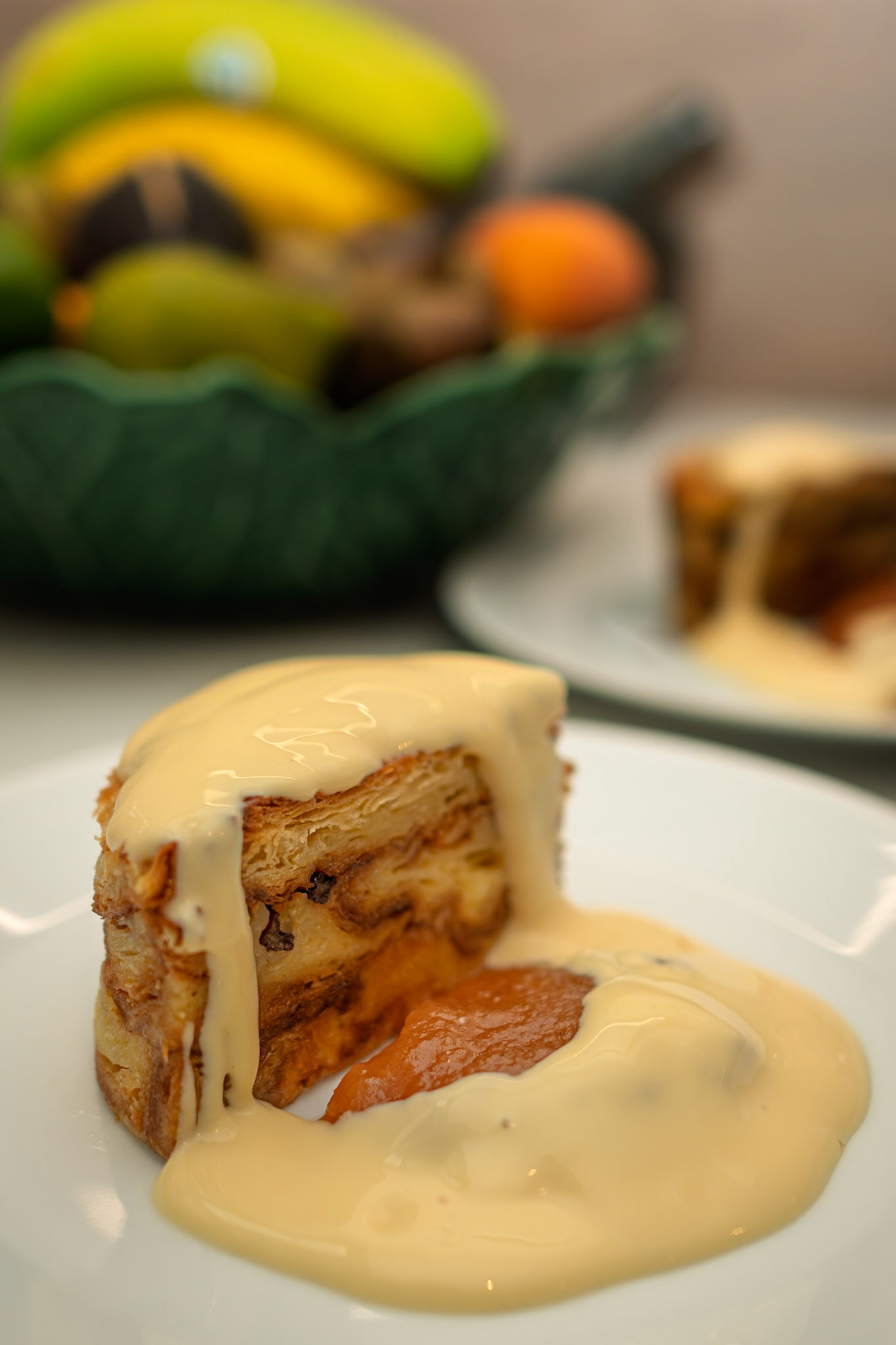 Rogan at Home | Bread &amp; butter pudding, caramelised apple compote, woodruff custard