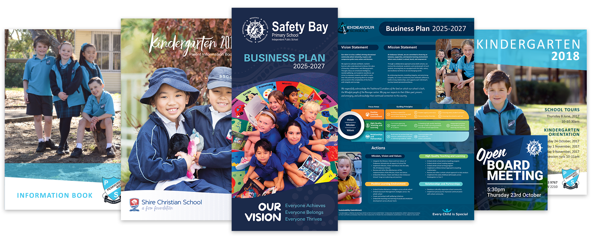 A group of documents showing a school information book, a parent information book, a school business plan brochure, a school business plan poster, a kindy information poster, and a school social media graphic
