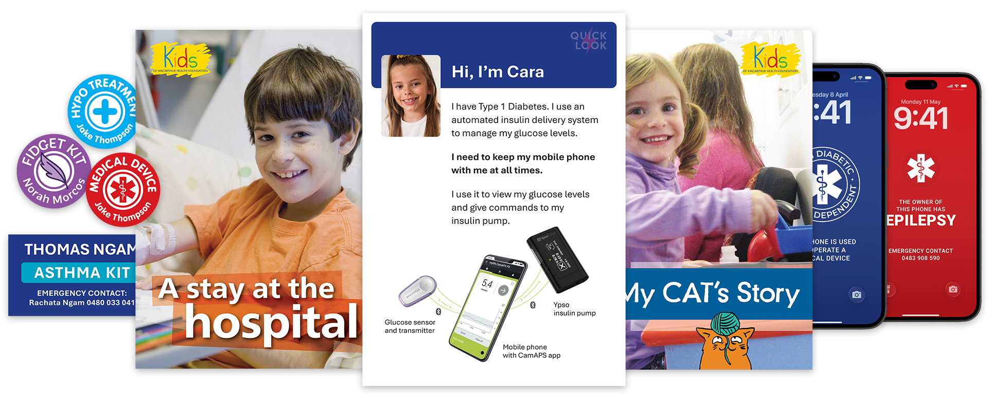A group of publications and resources showing medical kit labels, alert stickers, A Stay at the Hospital social story, a teacher handover insert for a student with Type 1 diabetes, a Child Assessment Team social story, and phone lock screen graphics