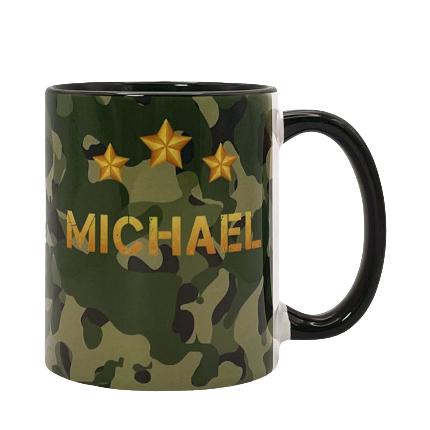 Tasse mit Tarnmuster und dem goldfarbenen Schriftzug 'MICHAEL' sowie drei goldfarbenen Sternen darüber