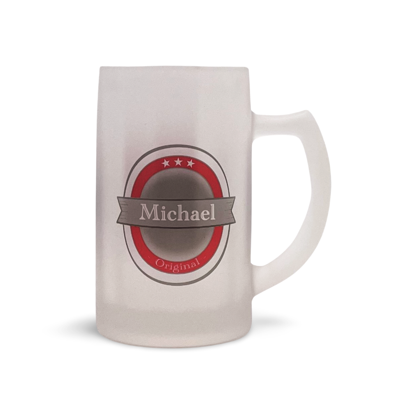 Frostige Bierkrug mit Henkel und Aufdruck 'Michael Original' in einem ovalen Rahmen mit drei Sternen