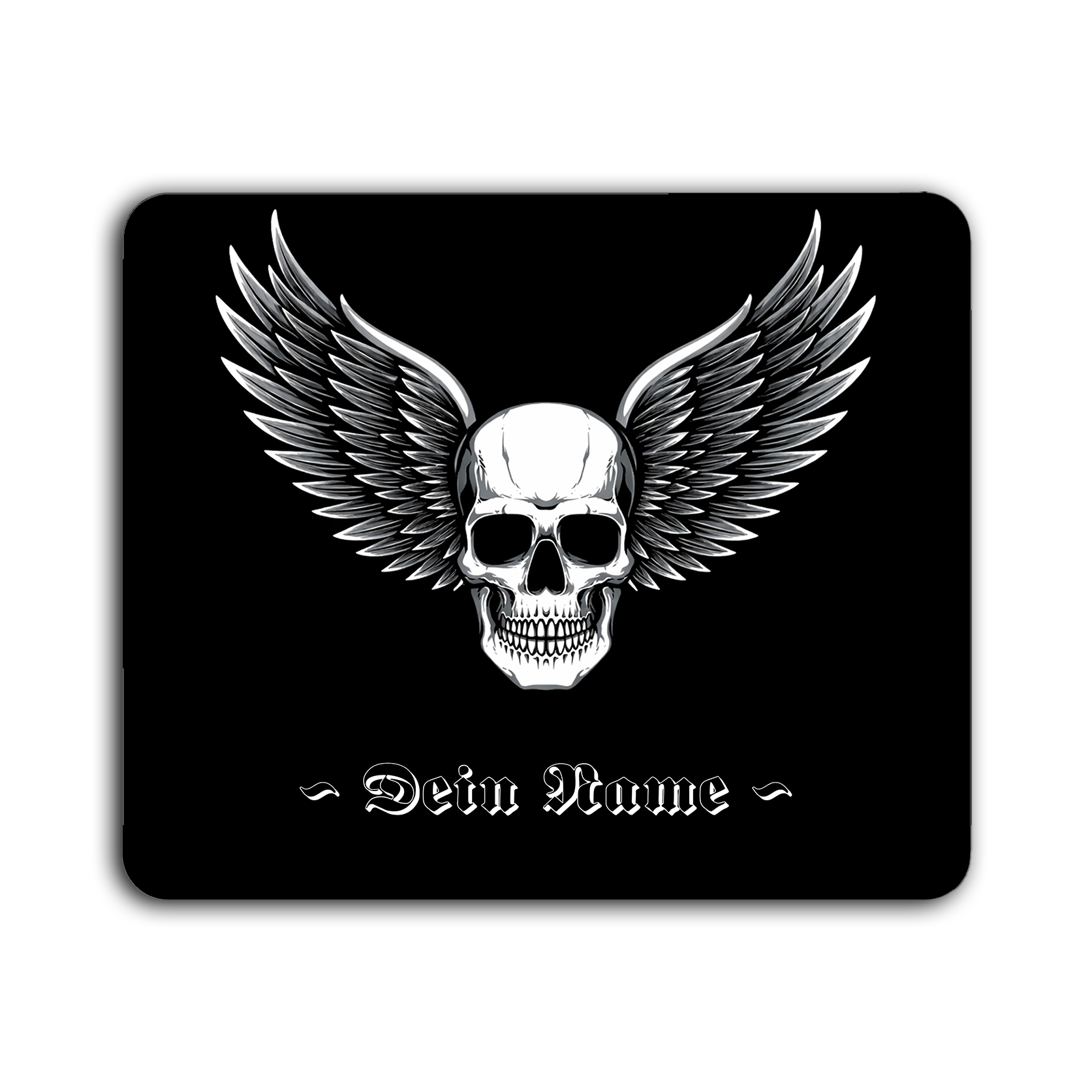 Schwarzes Mauspad mit weißem Totenkopf mit ausgebreiteten Flügeln und dem Schriftzug '~ Dein Name'