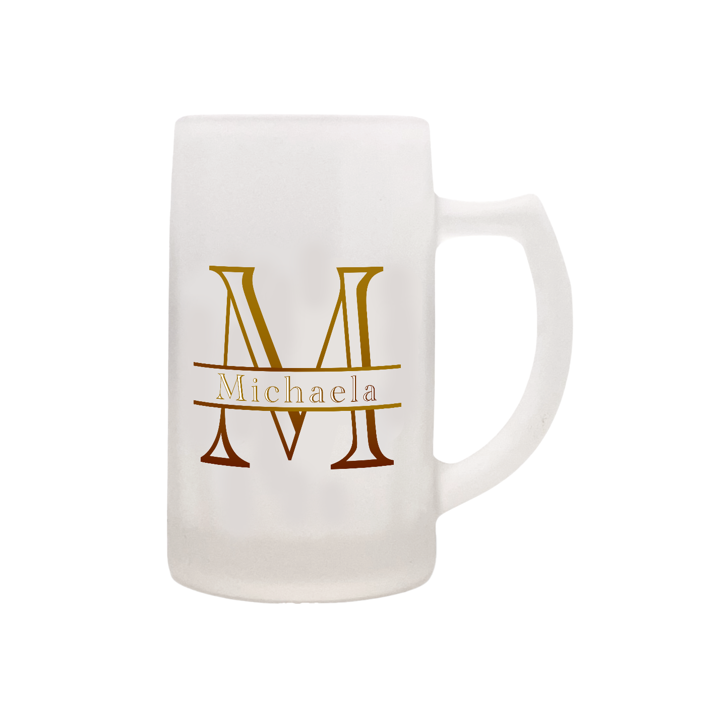 Mattierte Glasbierkrug mit großem goldfarbenem Buchstaben M und dem Schriftzug 'Michaela'