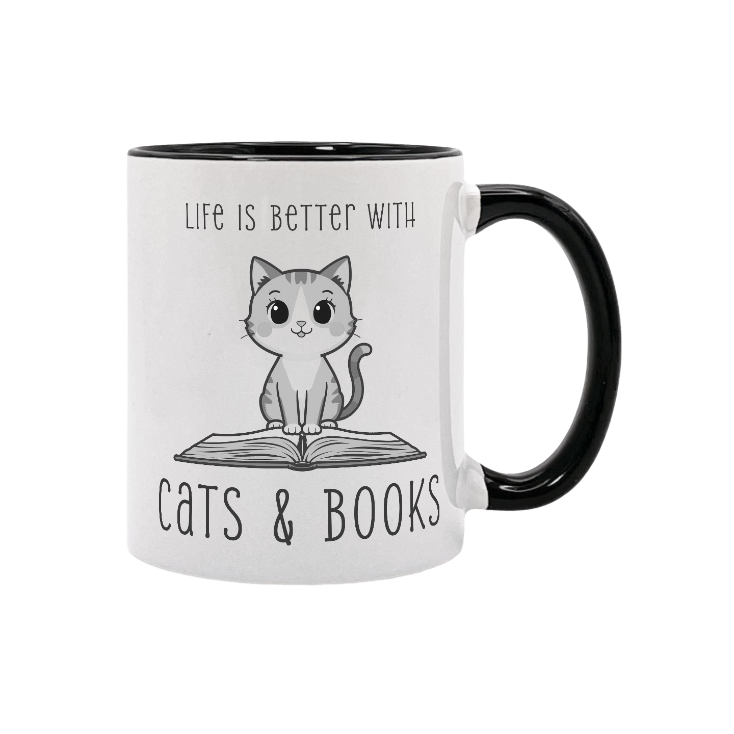 Weiße Tasse mit schwarzem Henkel und Innenfläche, darauf eine Zeichnung einer sitzenden Katze auf einem aufgeschlagenen Buch und der Schriftzug 'LIFE IS BETTER WITH CATS & BOOKS'
