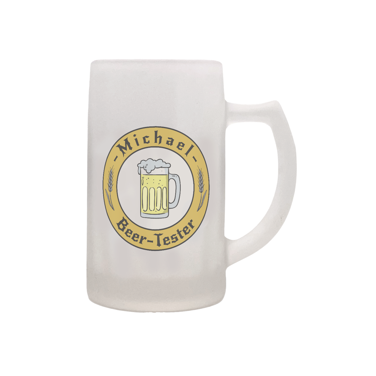 Glasbierkrug mit Henkel und Aufdruck eines Bierglases sowie dem Text 'Name Beer-Tester'