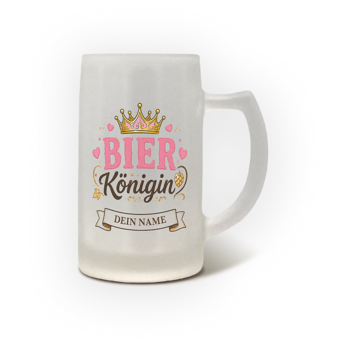 Satinierter Bierkrug mit Aufdruck Bier Königin und Wunschname.