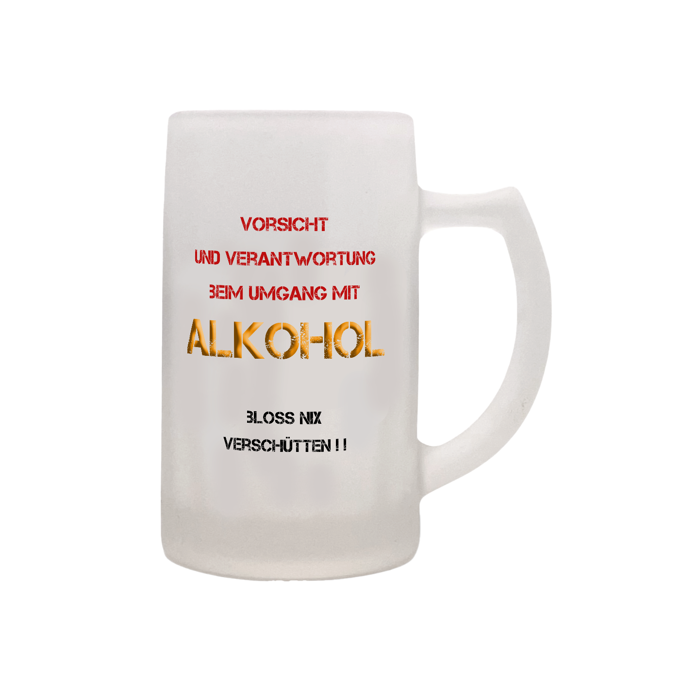 Glas-Bierkrug mit roter und goldener Aufschrift