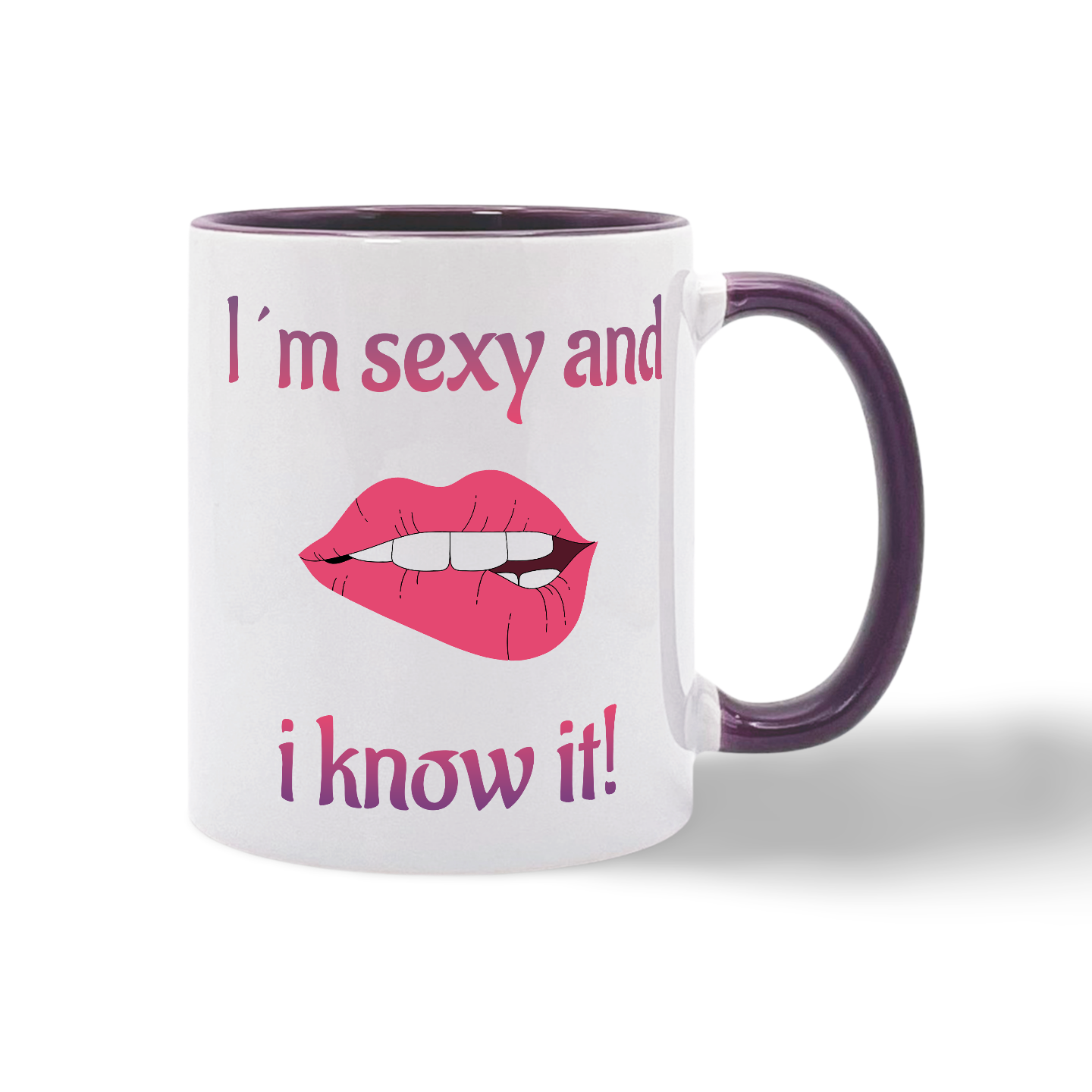 Weiße Tasse mit dunkelrotem Henkel und Innenfläche, darauf rote Lippen mit leicht geöffnetem Mund und der Schriftzug 'I'm sexy and i know it!'