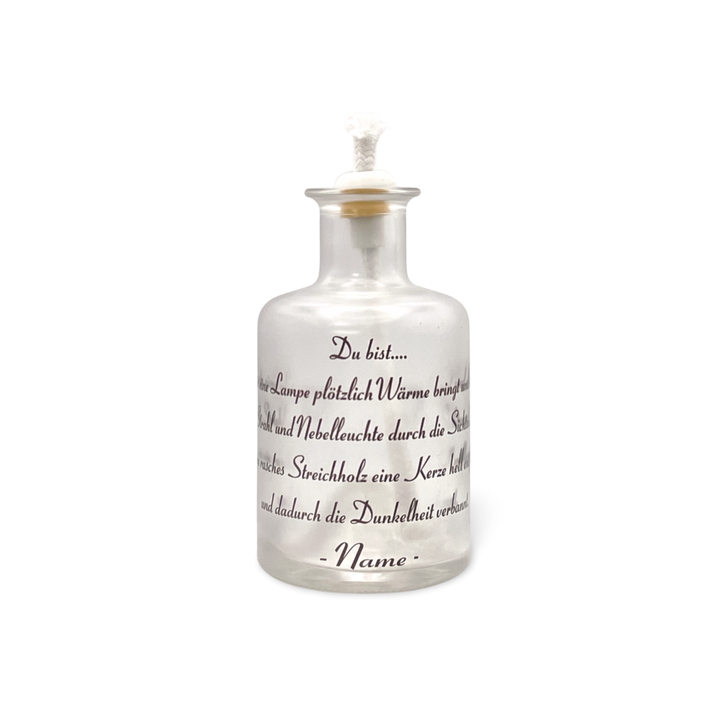 Mattiertes Glasöllicht mit Docht und schwarzer kalligrafischer Schrift
