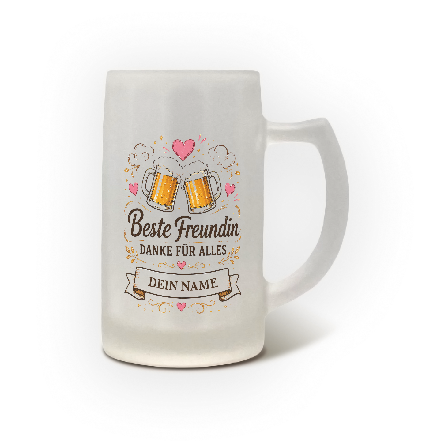 Personalisierter satinierter Bierkrug mit Aufdruck Beste Freundin Danke für alles.
