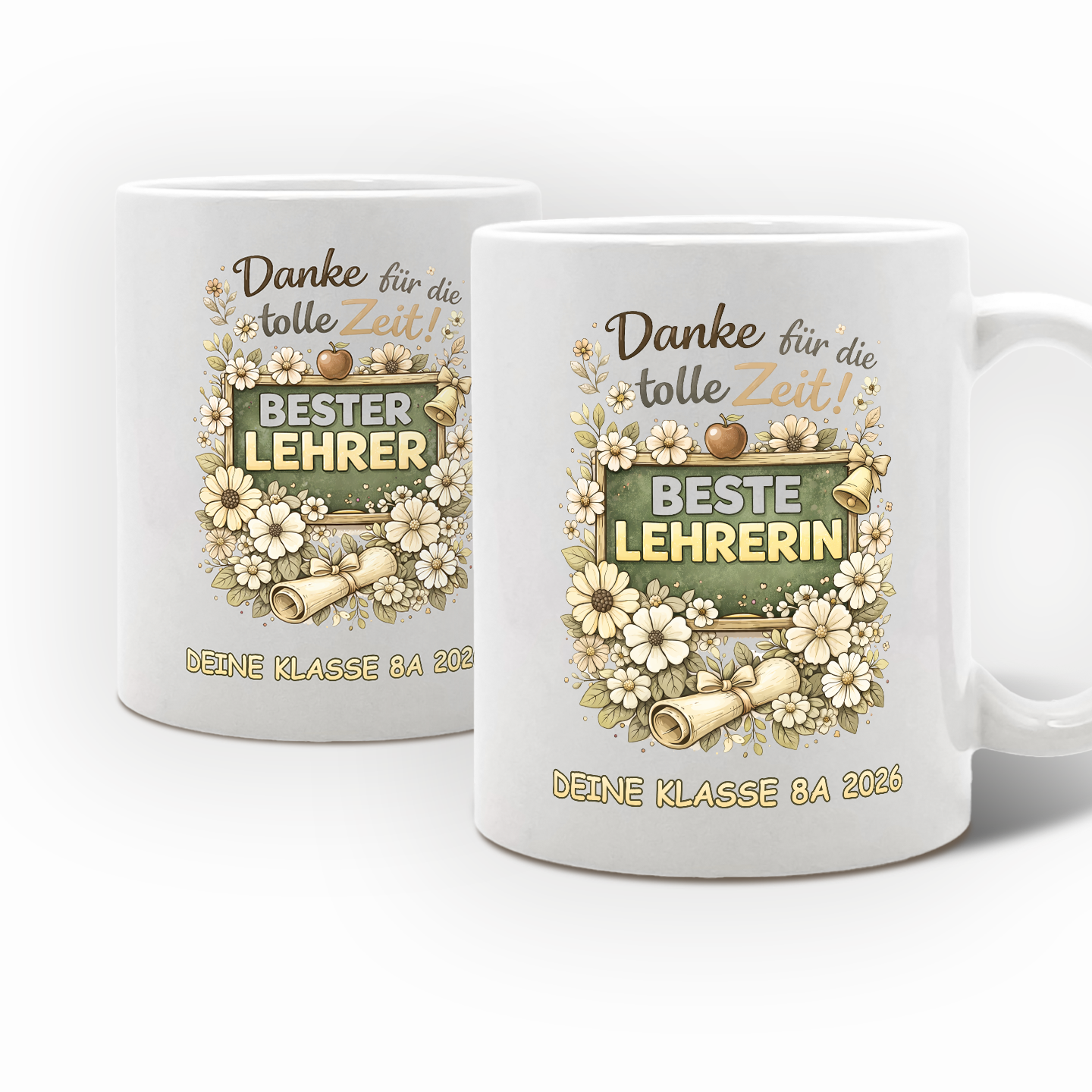 Personalisierte Tasse Beste/r Lehrer/in mit Blumenmotiv und Spruch Danke für die tolle Zeit – Abschiedsgeschenk Schule