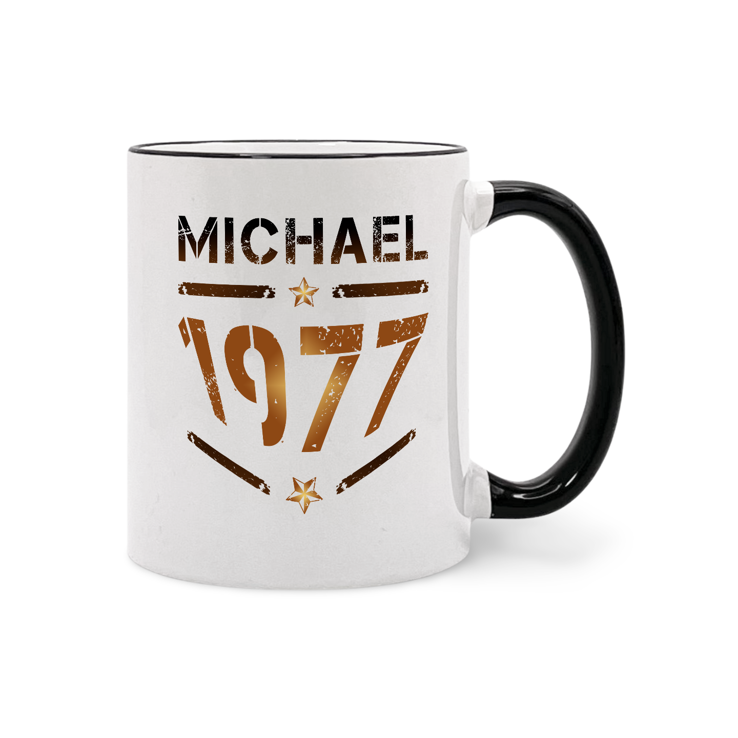 Weiße Tasse mit schwarzem Henkel und Aufdruck 'MICHAEL 1977' in brauner Vintage-Schrift