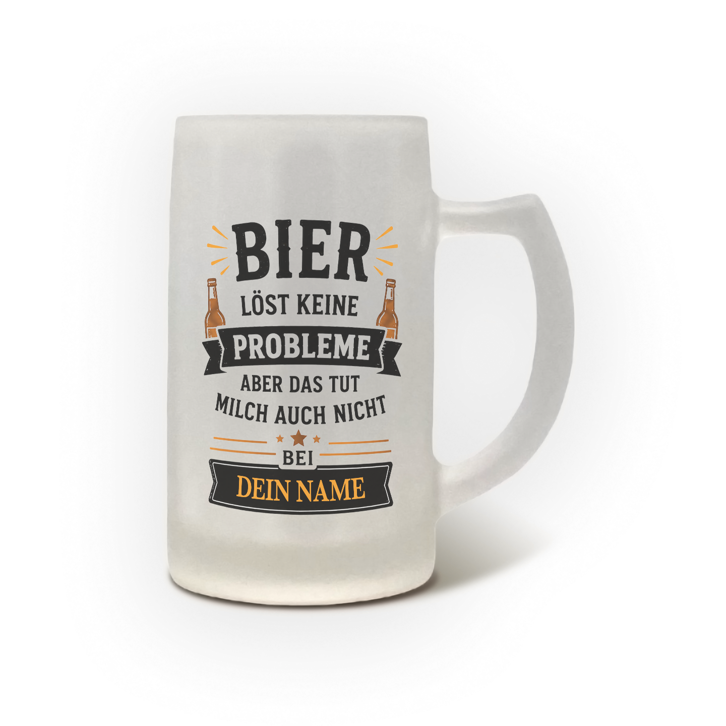 Satinierter Glasbierkrug mit Spruch Bier löst keine Probleme und Wunschname.