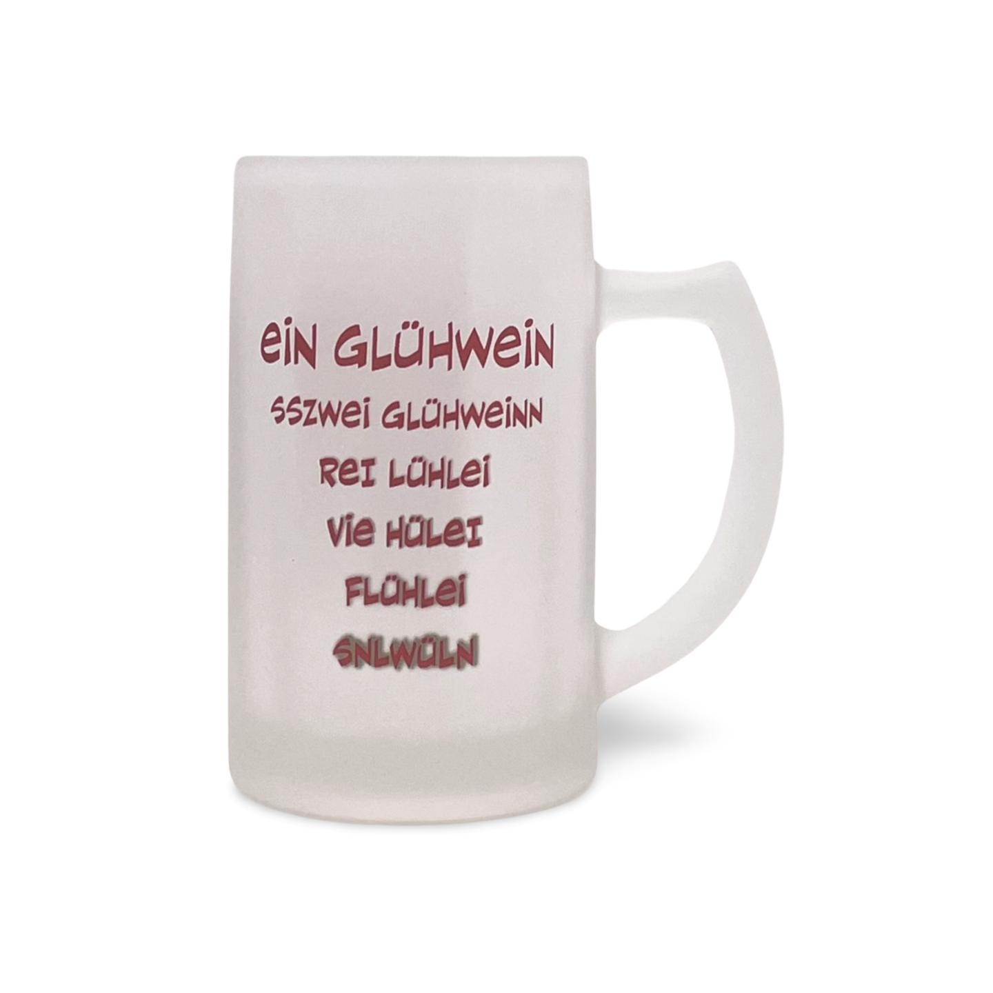 Ein weißer Glaskrug mit Henkel und roter Schrift "ein Glühwein, sswei Glühwein und so weiter