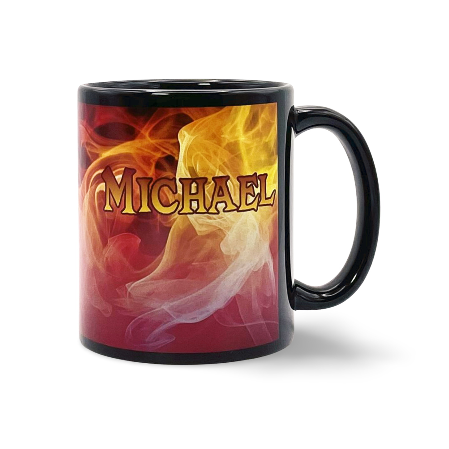 Schwarze Tasse mit rotem und gelbem Rauchmuster und dem Schriftzug 'dein Name'