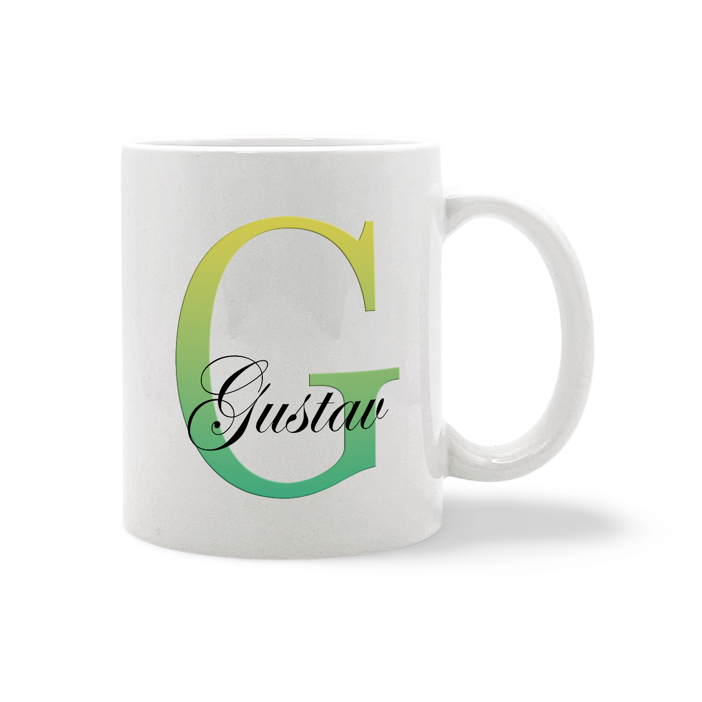 Weiße Tasse mit großem grün-gelb verlaufendem Buchstaben G und dem Schriftzug 'Gustav' in schwarzer Schreibschrift