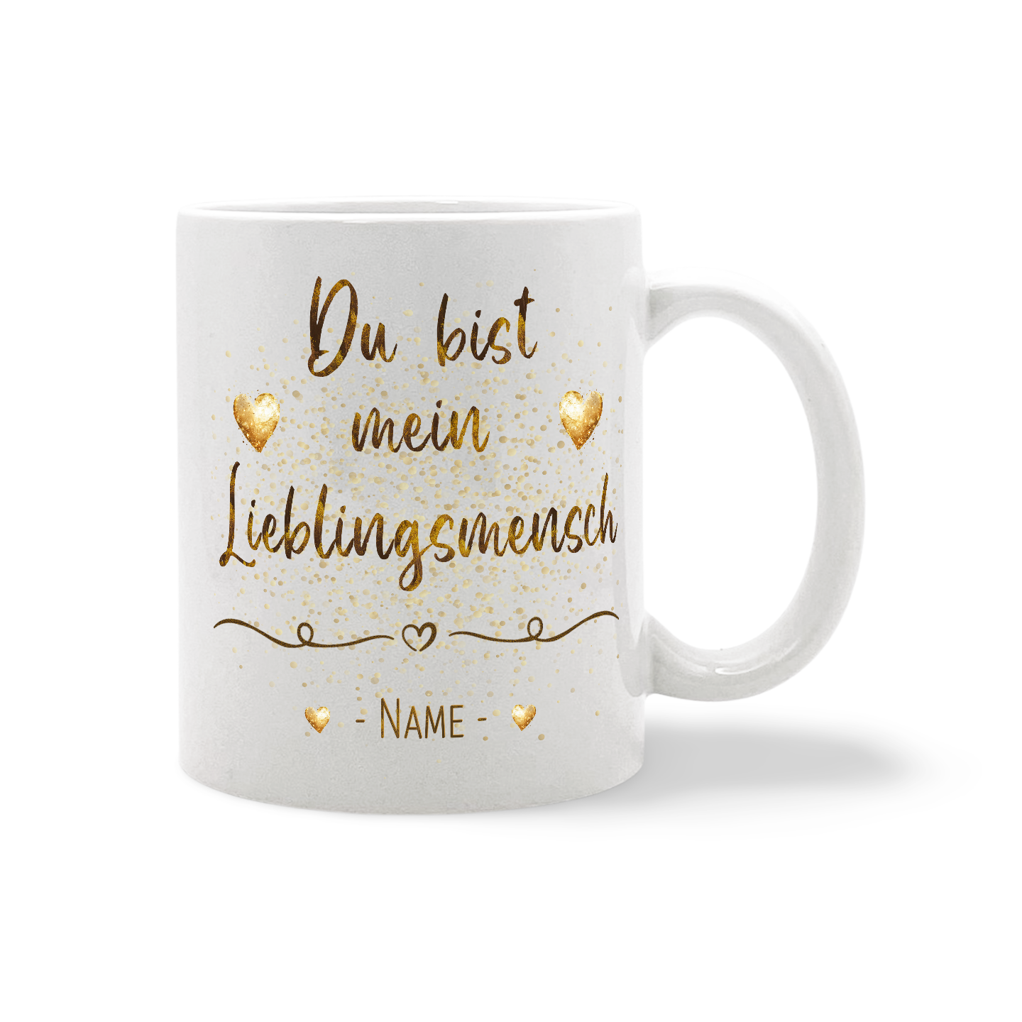 Weiße Tasse mit dunkelviolettem Henkel und Innenfarbe mit der Aufschrift 'Nicht vergessen: Hab Dich lieb!' und einem kleinen Herz darunter