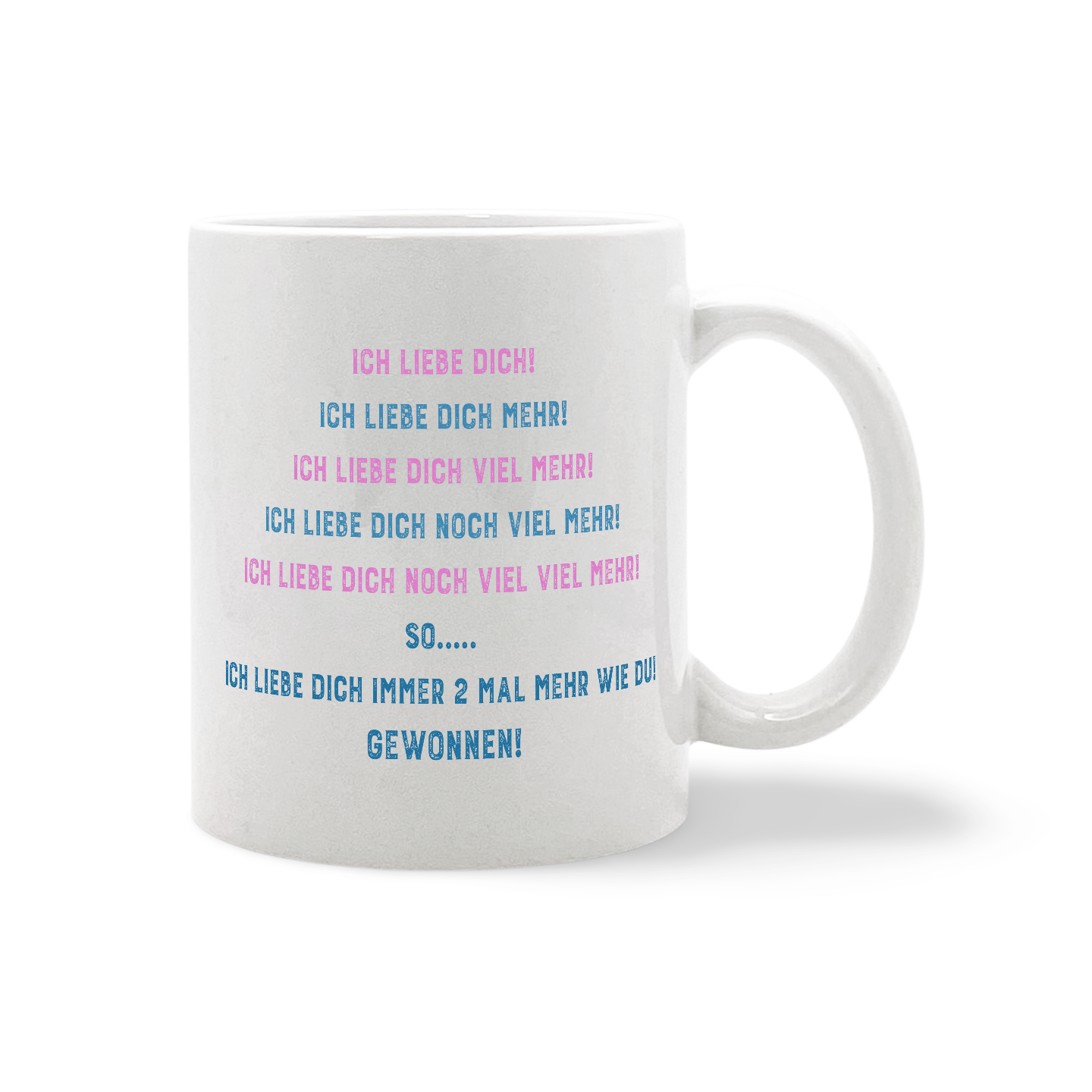 Weiße Tasse mit mehrzeiligem Text in pink und blau, der Liebeserklärungen in steigender Intensität ausdrückt