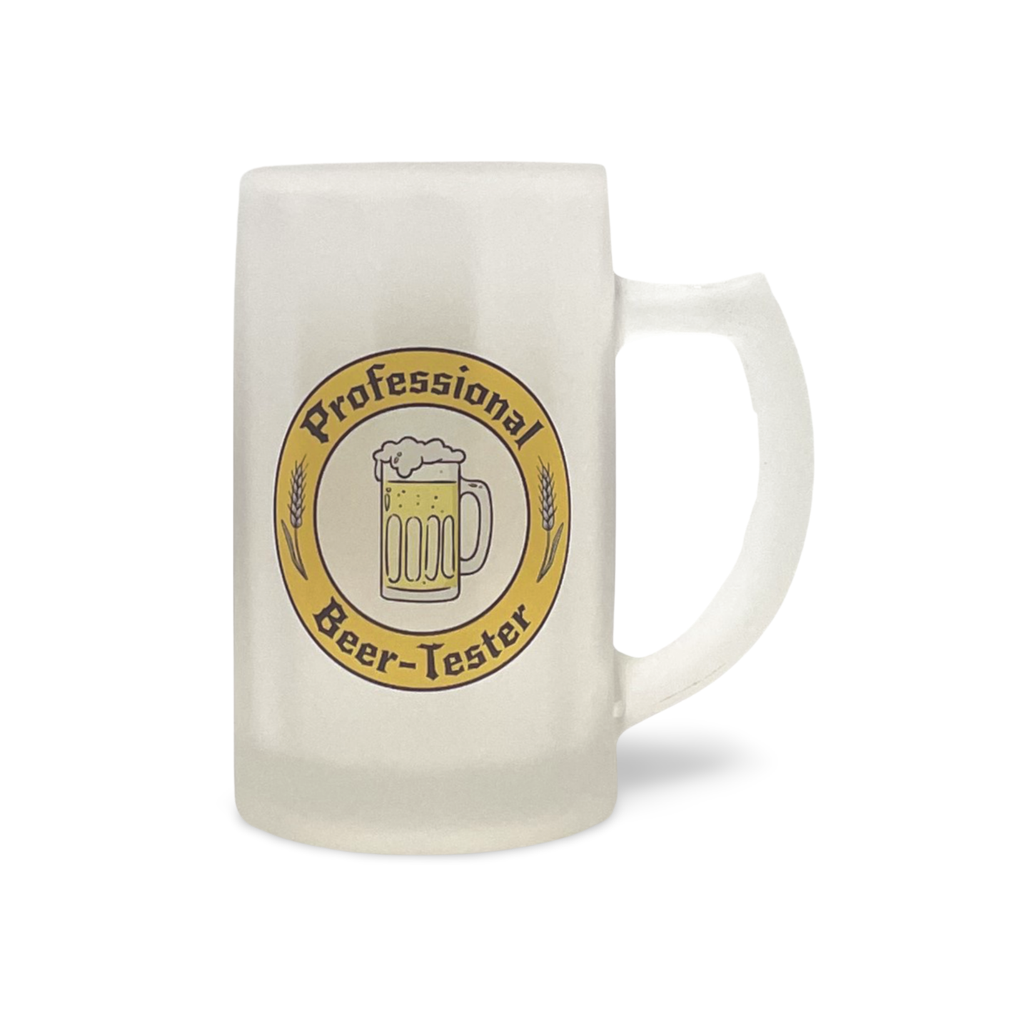 Bierkrug mit rundem Emblem und der Aufschrift 'Professional Beer-Tester' auf der Vorderseite.