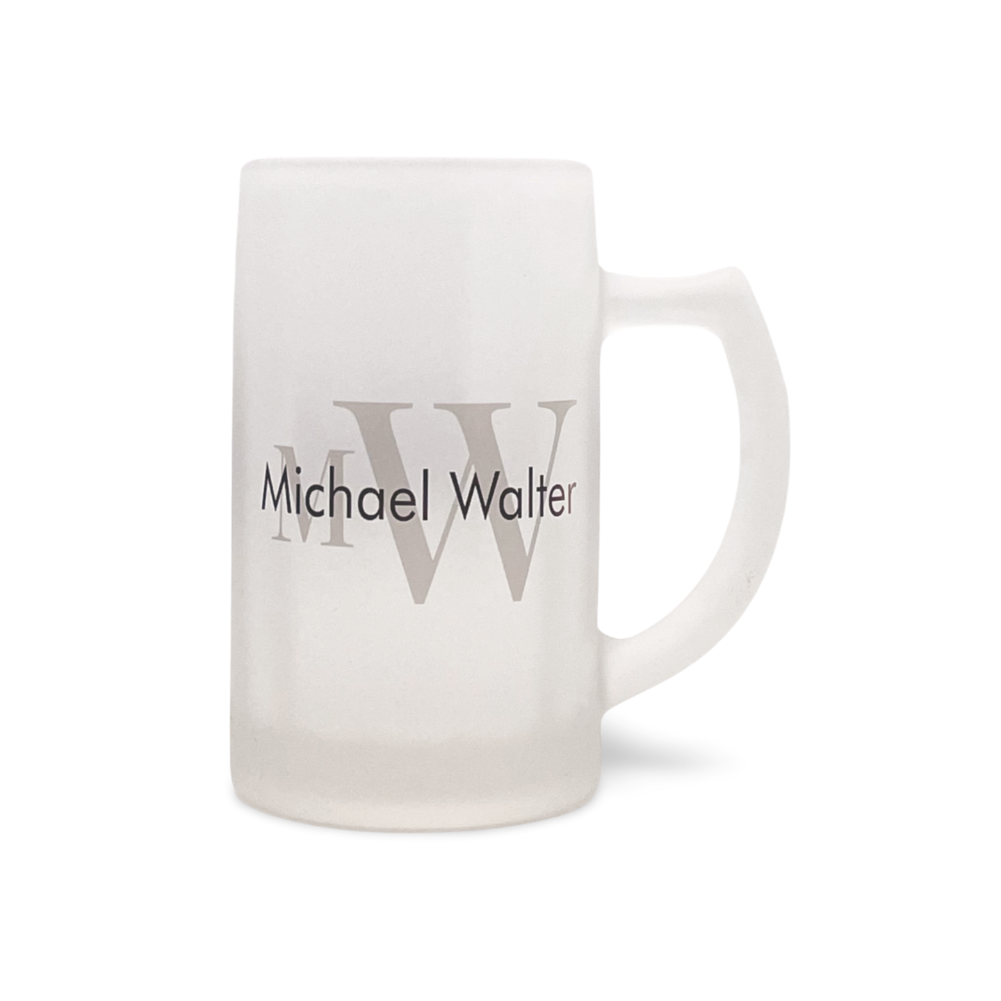 Frostiges Glasbierkrug mit dem Schriftzug 'Michael Walter' und den Initialen 'MW'