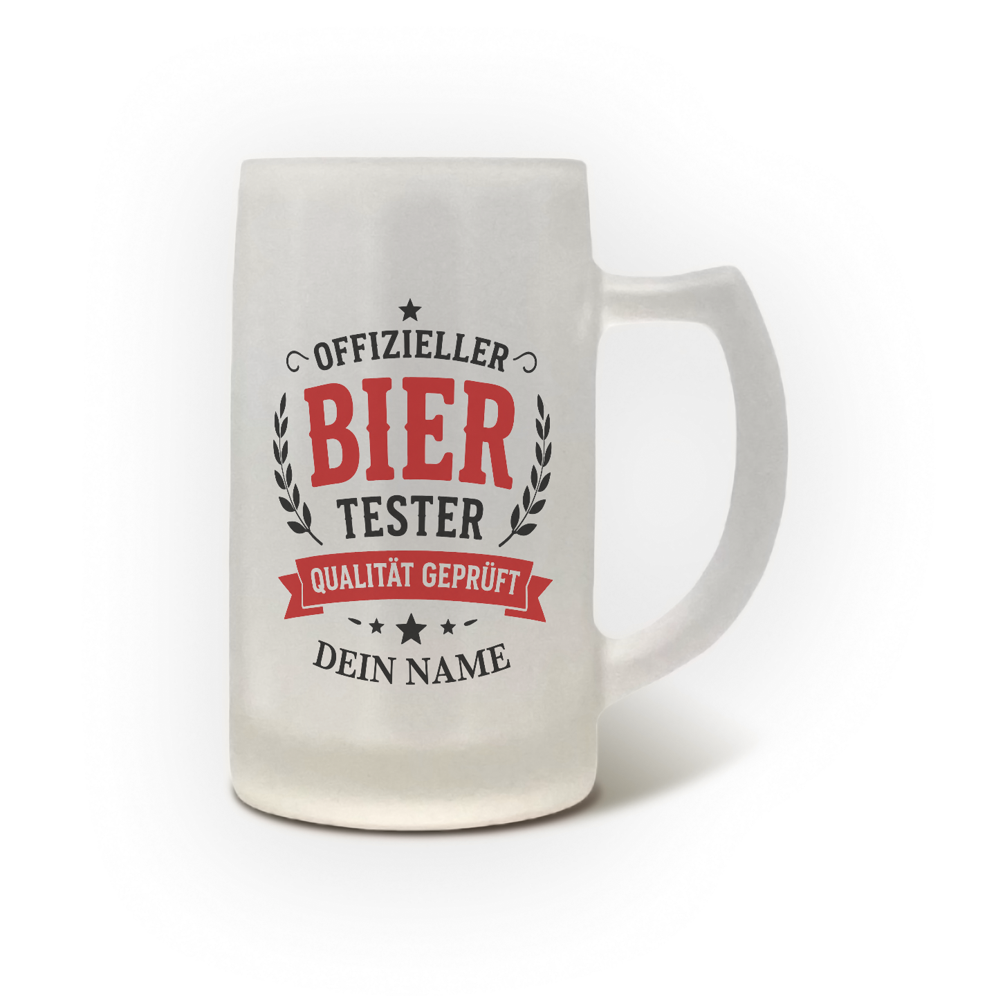 Personalisierter satinierter Bierkrug mit dem Spruch Offizieller Bier Tester Qualität geprüft.